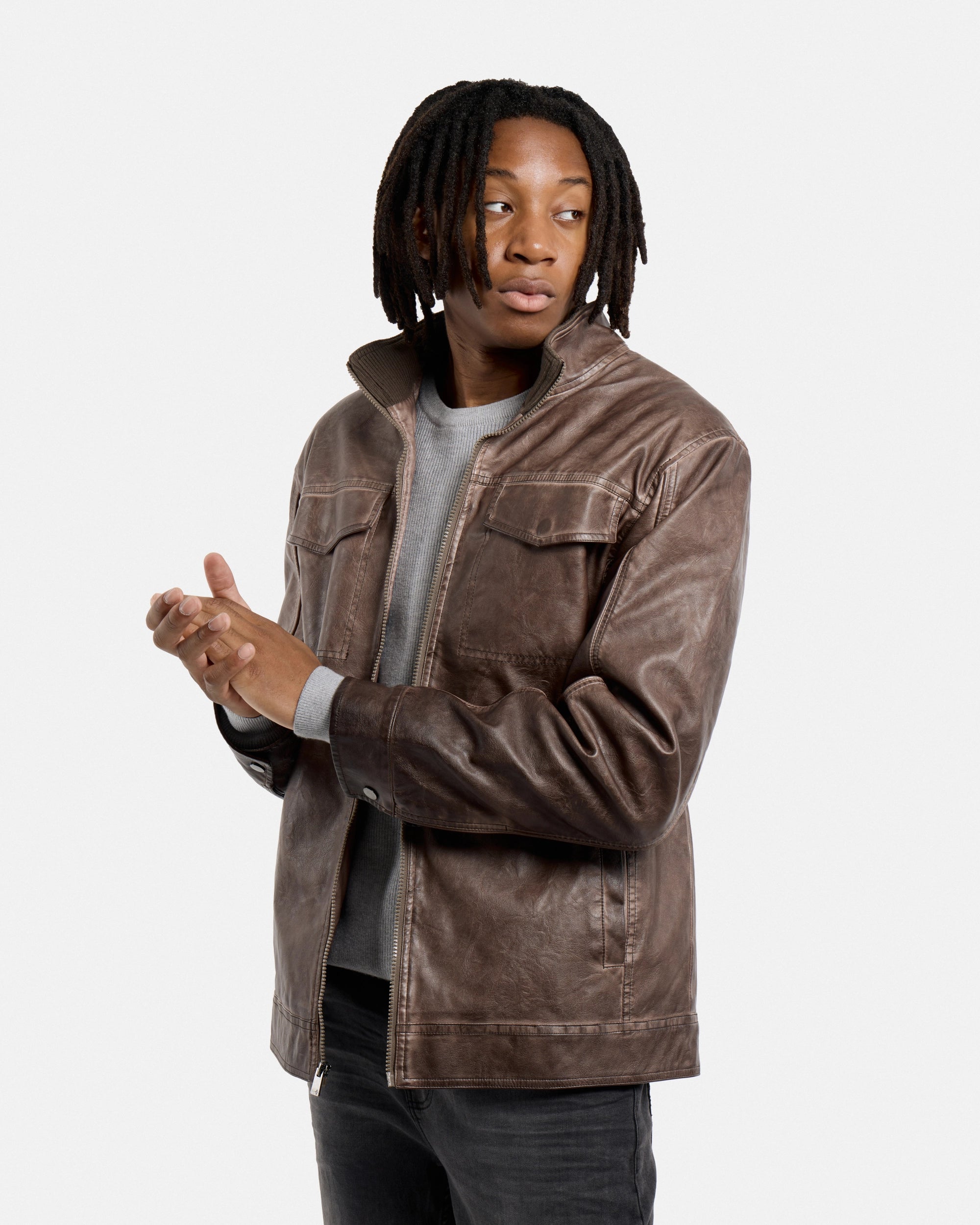 #SMJK5100472 Washed Brown Faux Leather Jacket-thumbmail-3