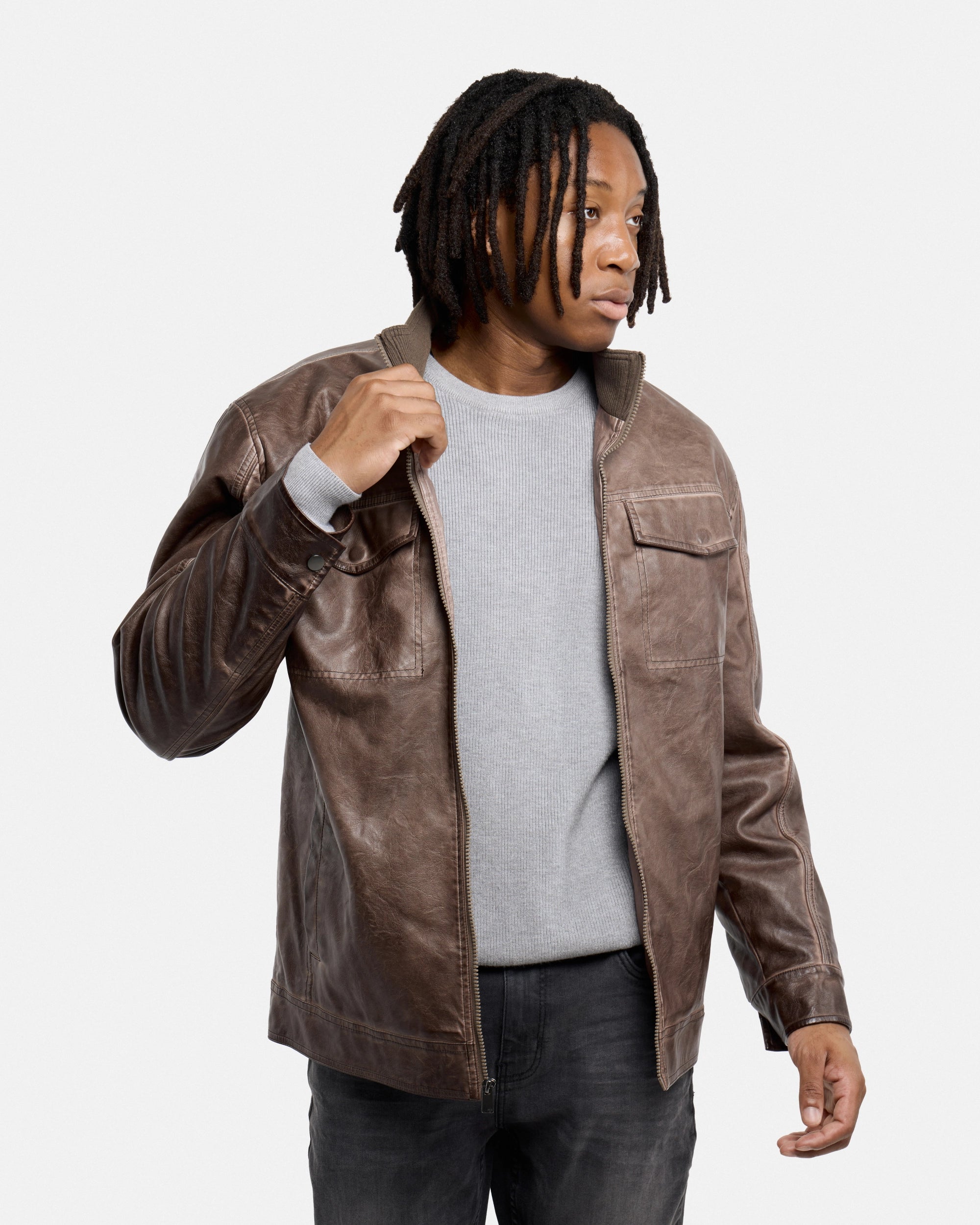 #SMJK5100472 Washed Brown Faux Leather Jacket-thumbmail-4