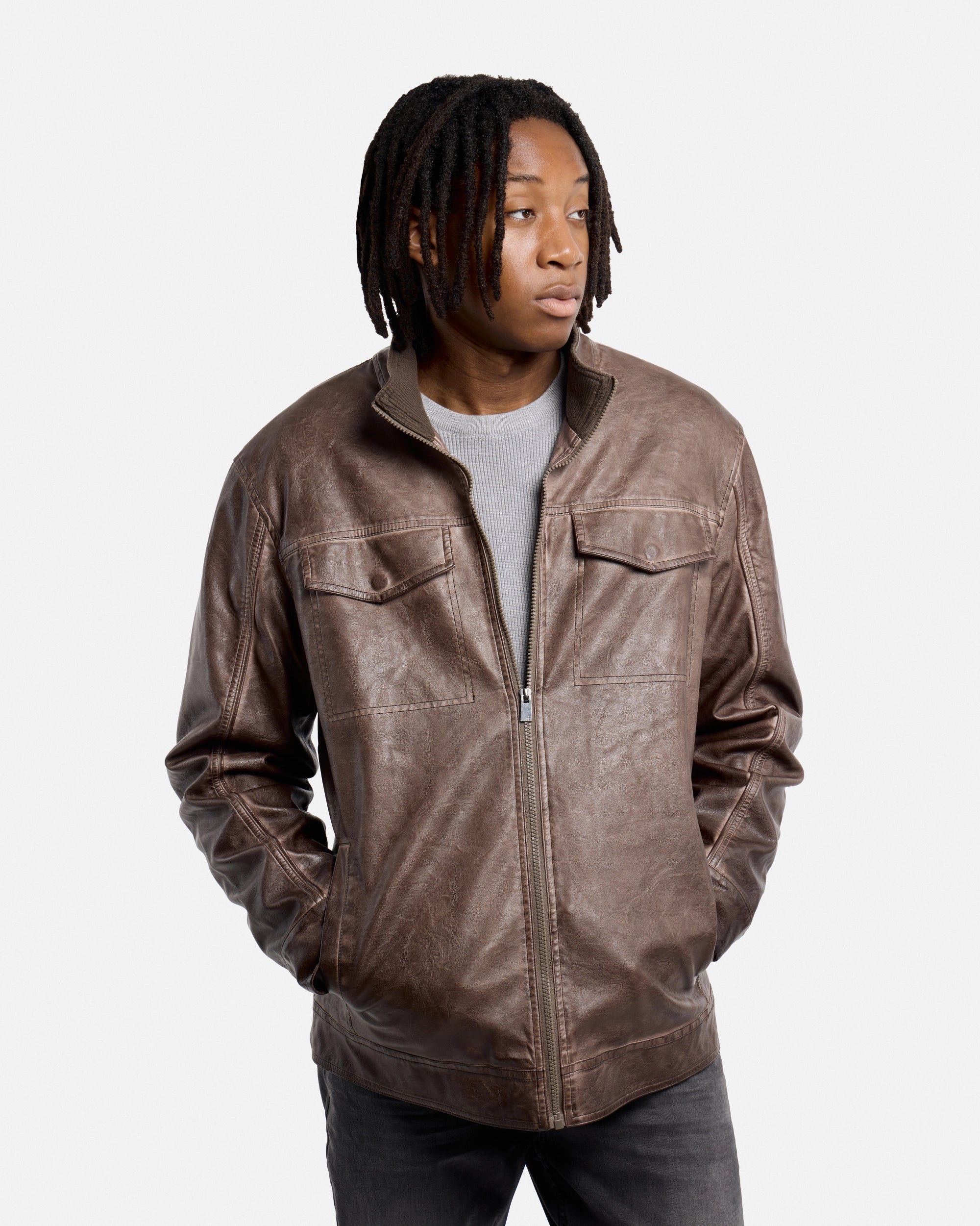 #SMJK5100472 Washed Brown Faux Leather Jacket-thumbmail-5