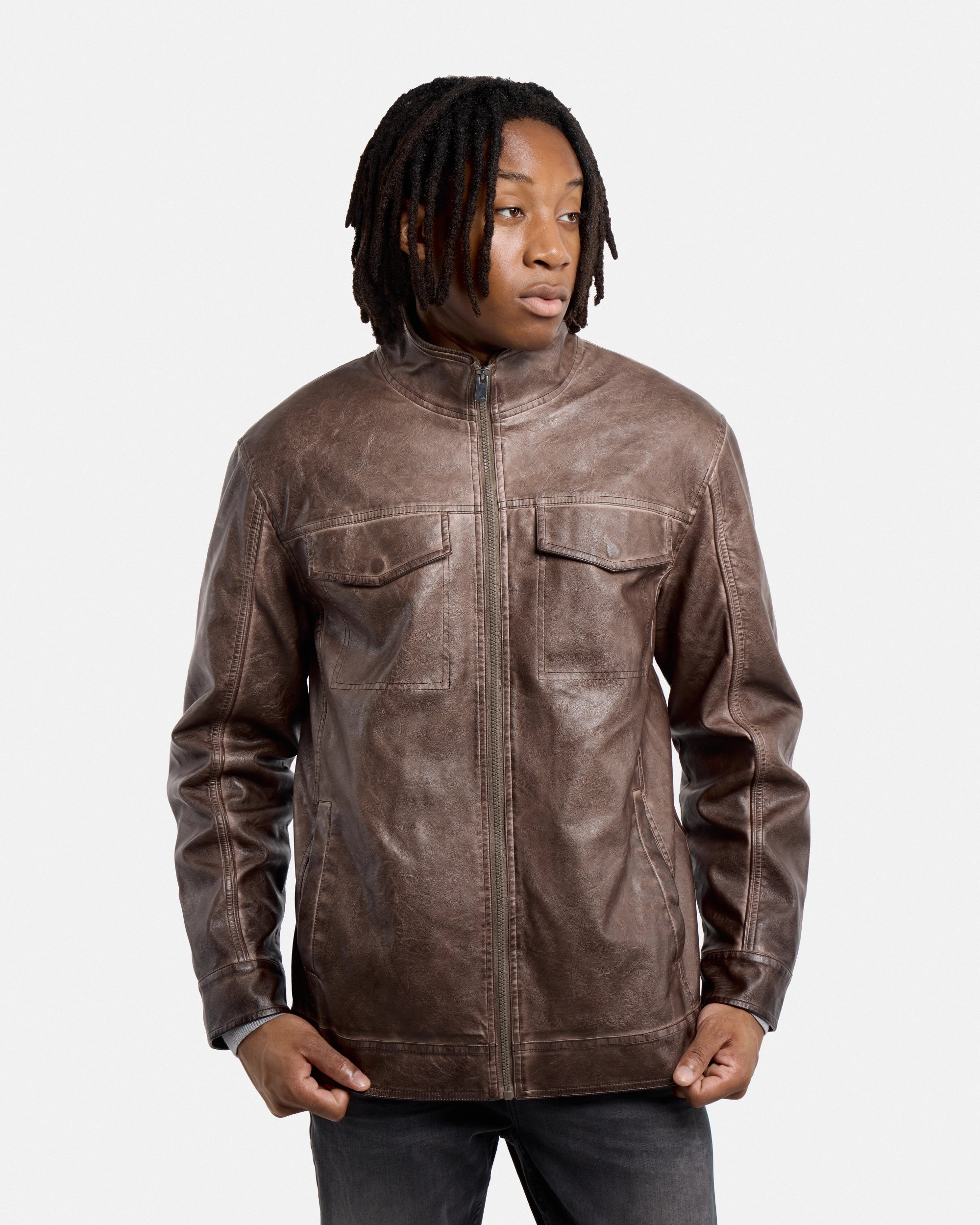 #SMJK5100472 Washed Brown Faux Leather Jacket-thumbmail-6