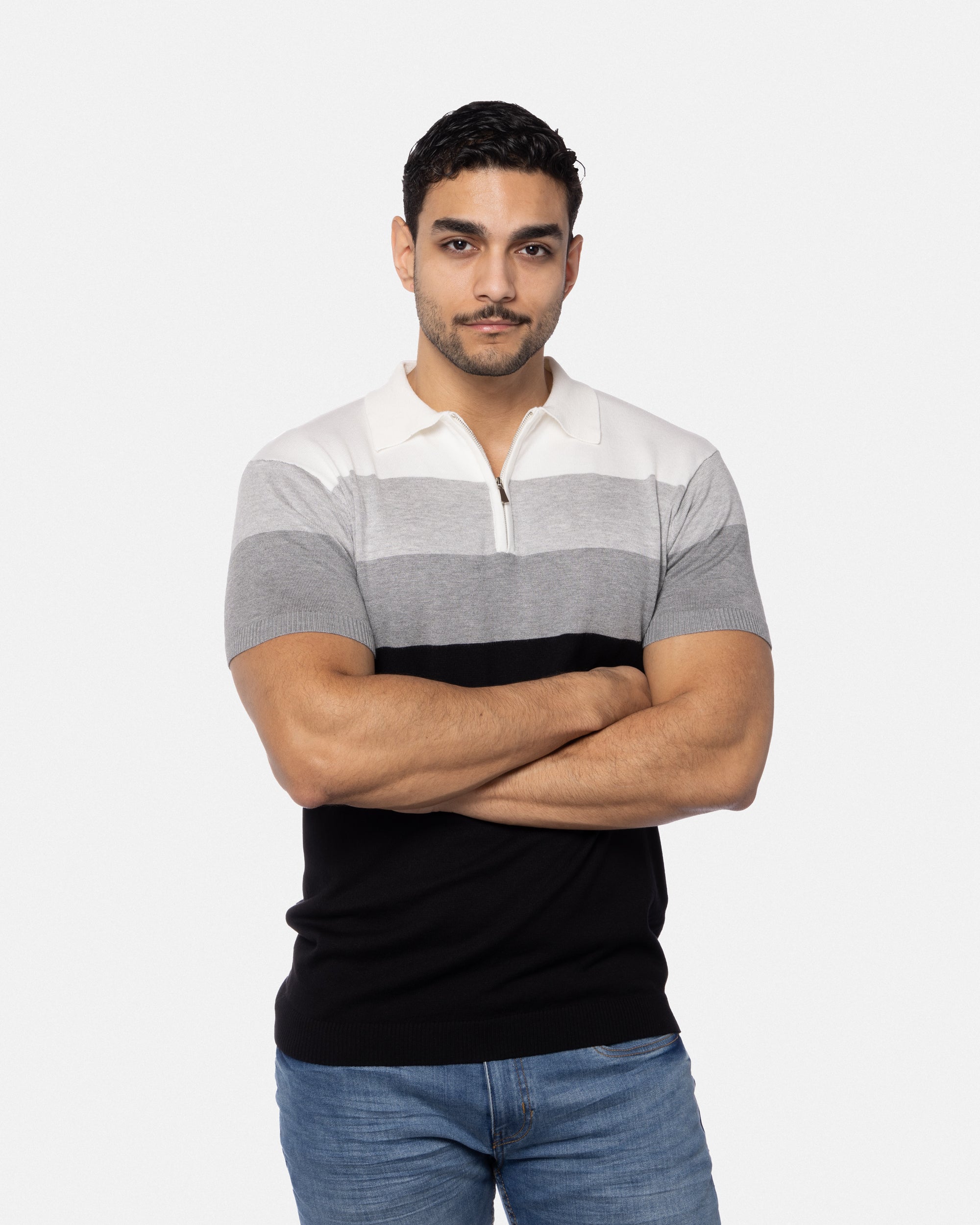 #SMW-33140 Zip Neck Striped Sweater Polo-thumbmail-4