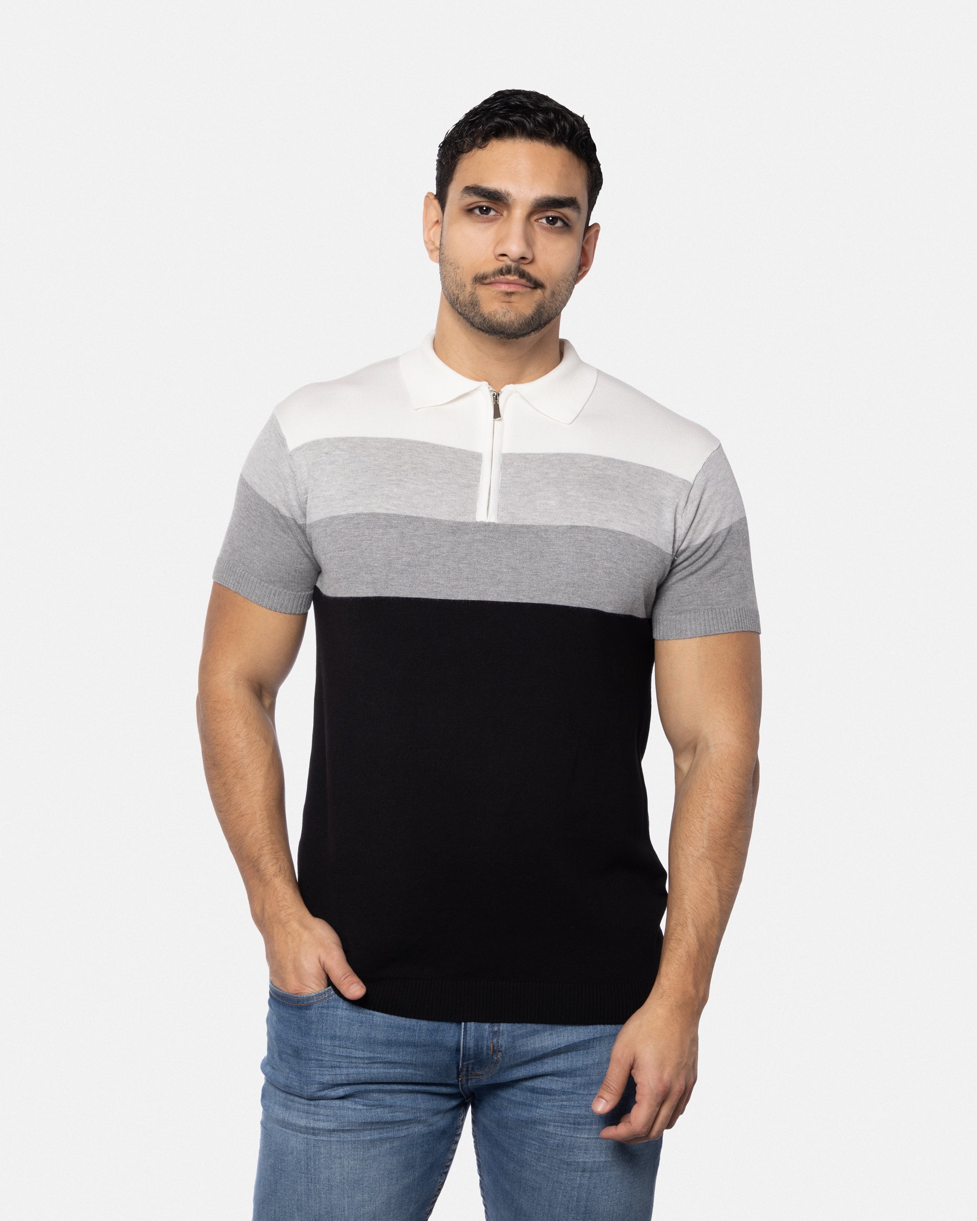 #SMW-33140 Zip Neck Striped Sweater Polo-thumbmail-3