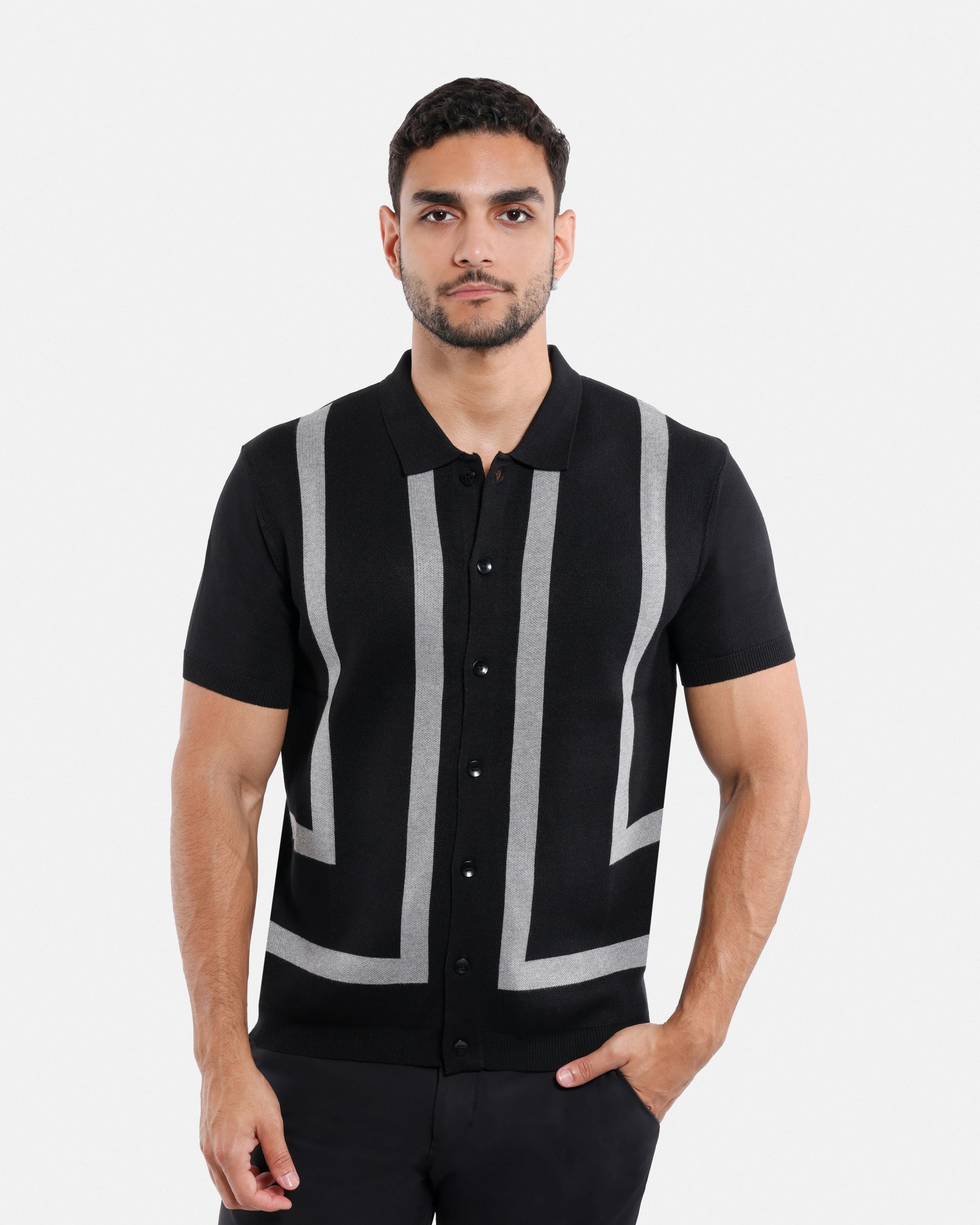 #SMW-33141 Jacquard Short Sleeve Sweater Shirt