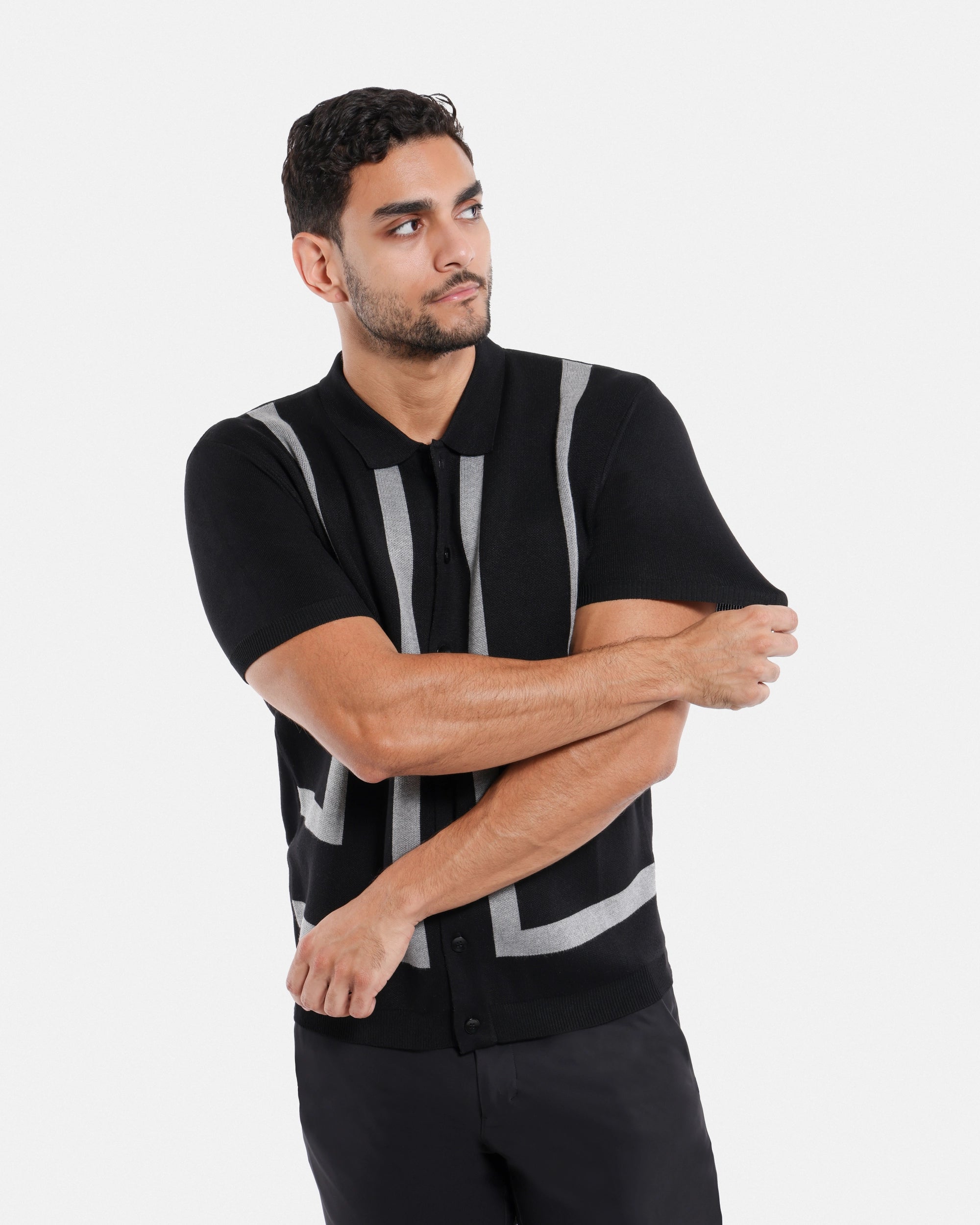 #SMW-33141 Jacquard Short Sleeve Sweater Shirt-thumbmail-3