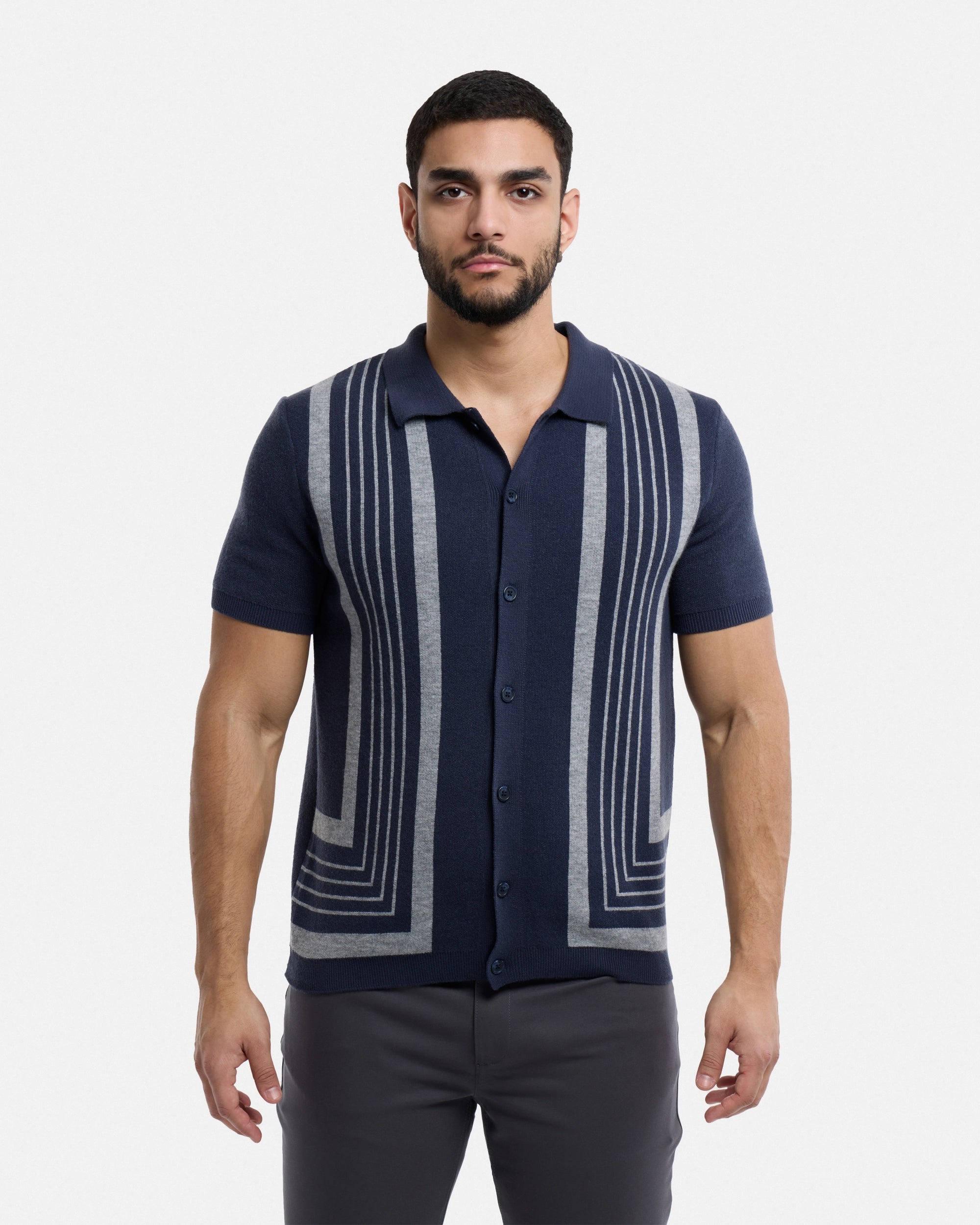 #SMW-34078 Stripe Button Down Sweater Polo