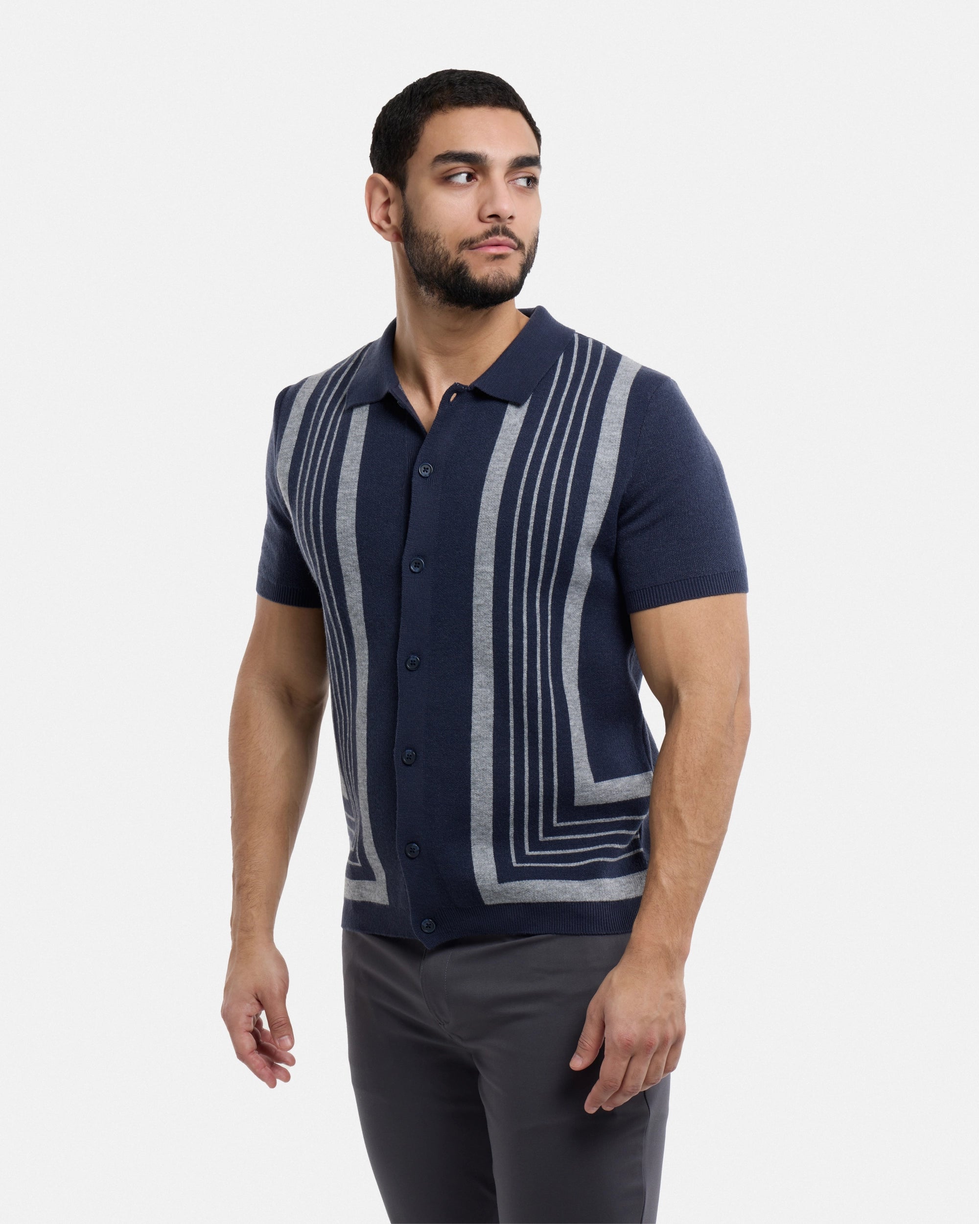 #SMW-34078 Stripe Button Down Sweater Polo-thumbmail-3