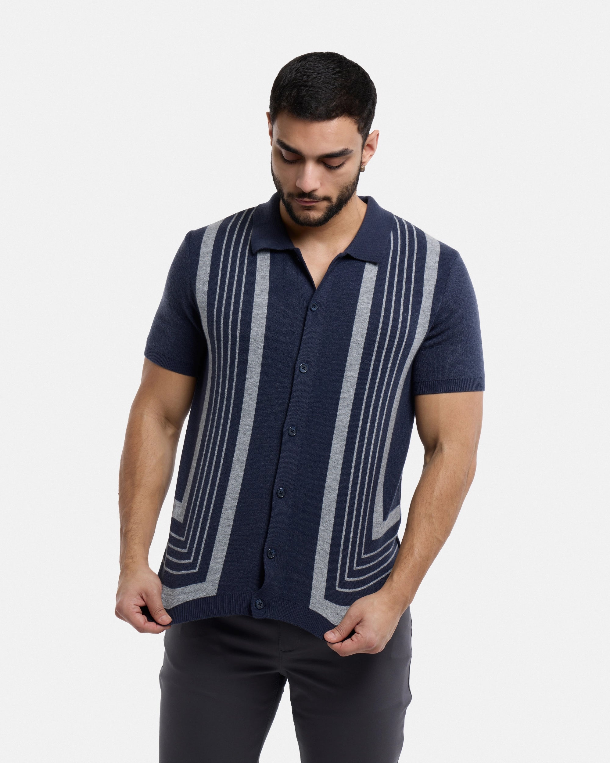 #SMW-34078 Stripe Button Down Sweater Polo-thumbmail-4