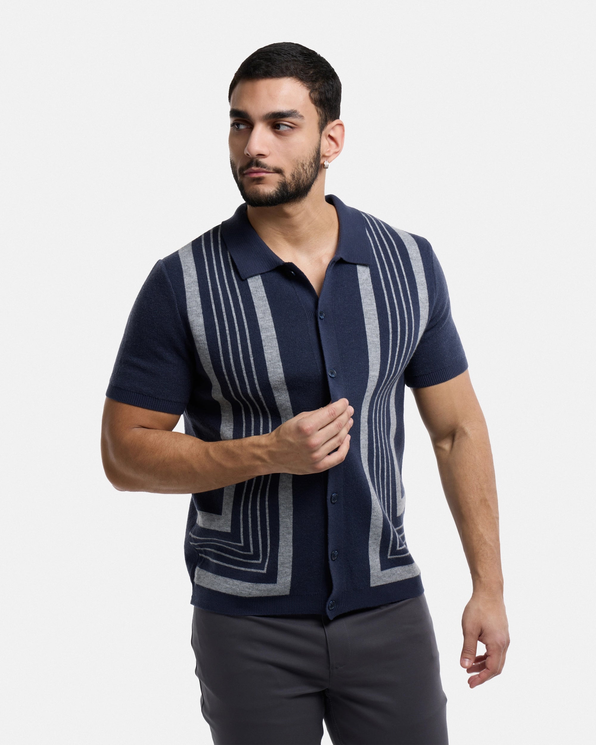#SMW-34078 Stripe Button Down Sweater Polo-thumbmail-5