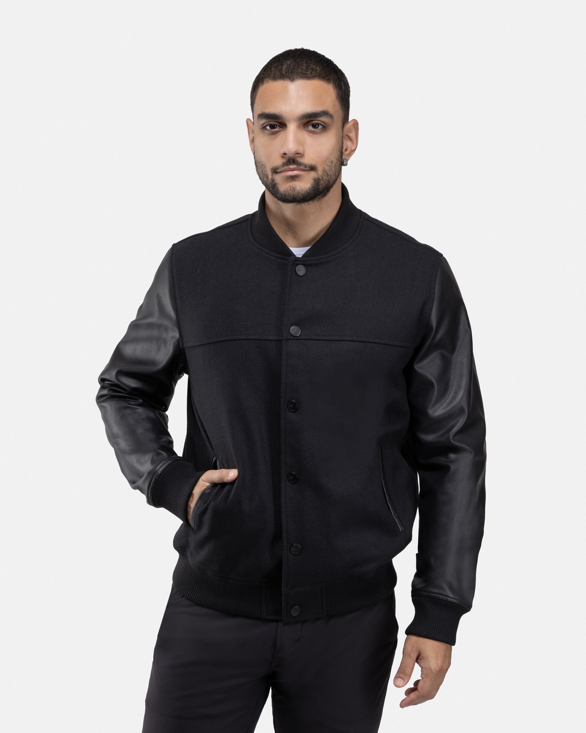 X RAY Men's Wool Varsity Bomber Jacket W/Grainy PU Sleeves