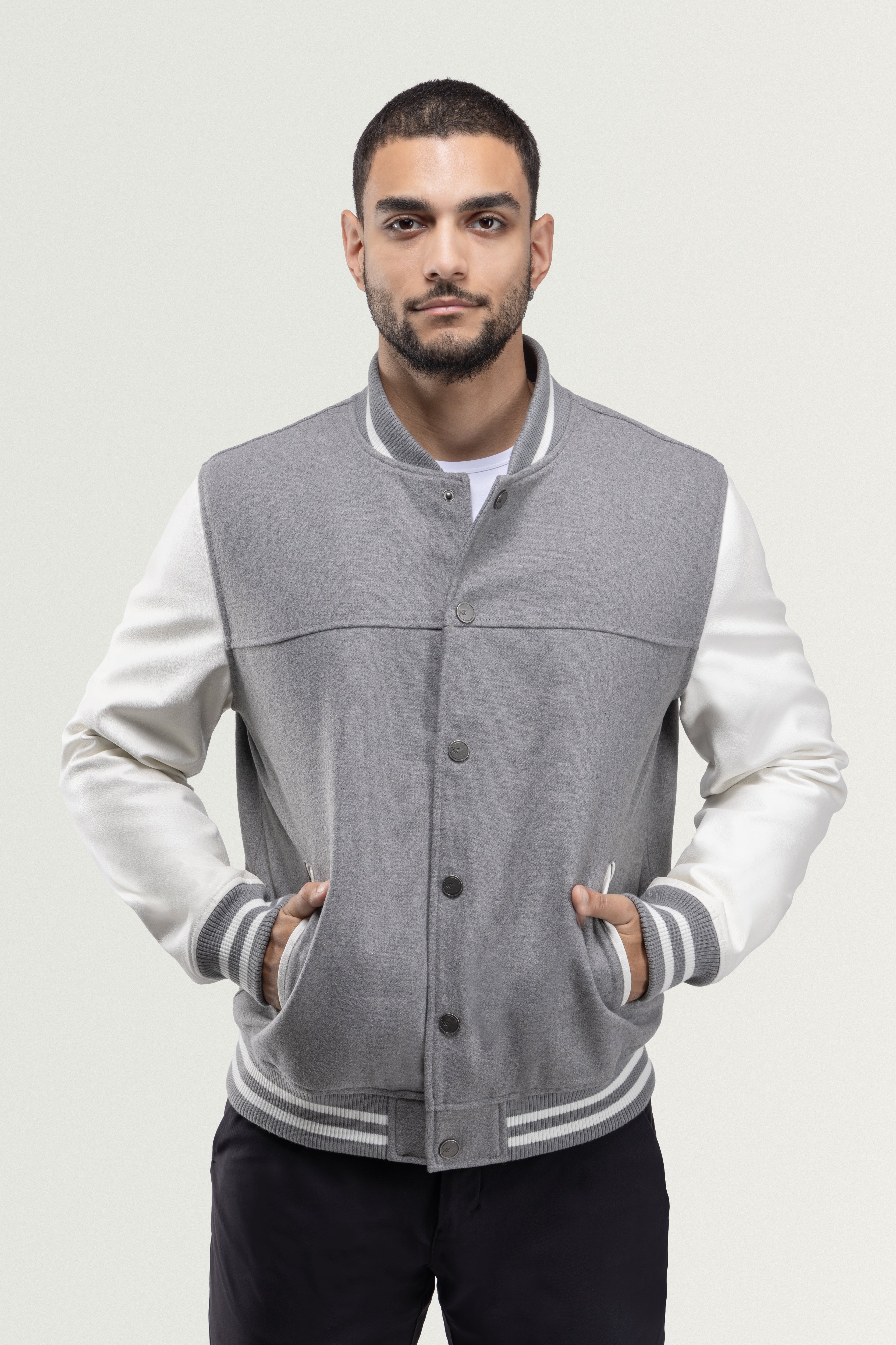 X RAY Men's Wool Varsity Bomber Jacket W/Grainy PU Sleeves X RAY Men's Wool Varsity Bomber Jacket W/Grainy PU Sleeves