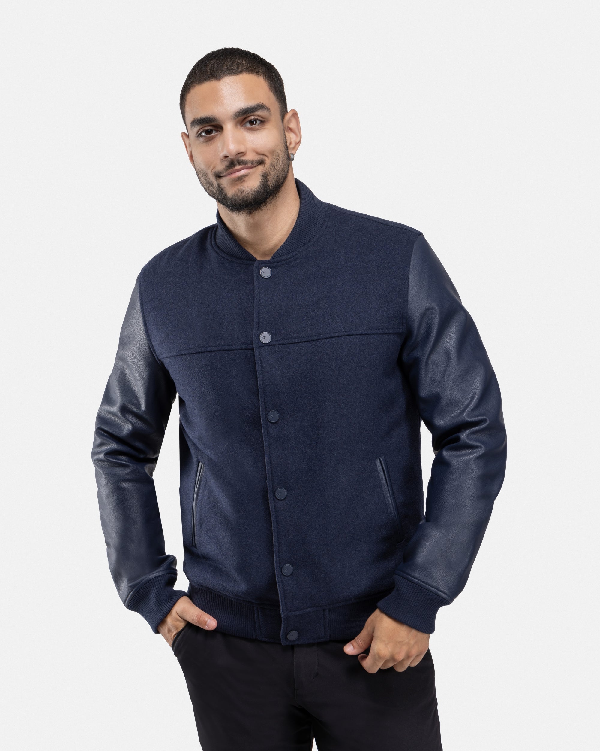 X RAY Men's Wool Varsity Bomber Jacket W/Grainy PU Sleeves