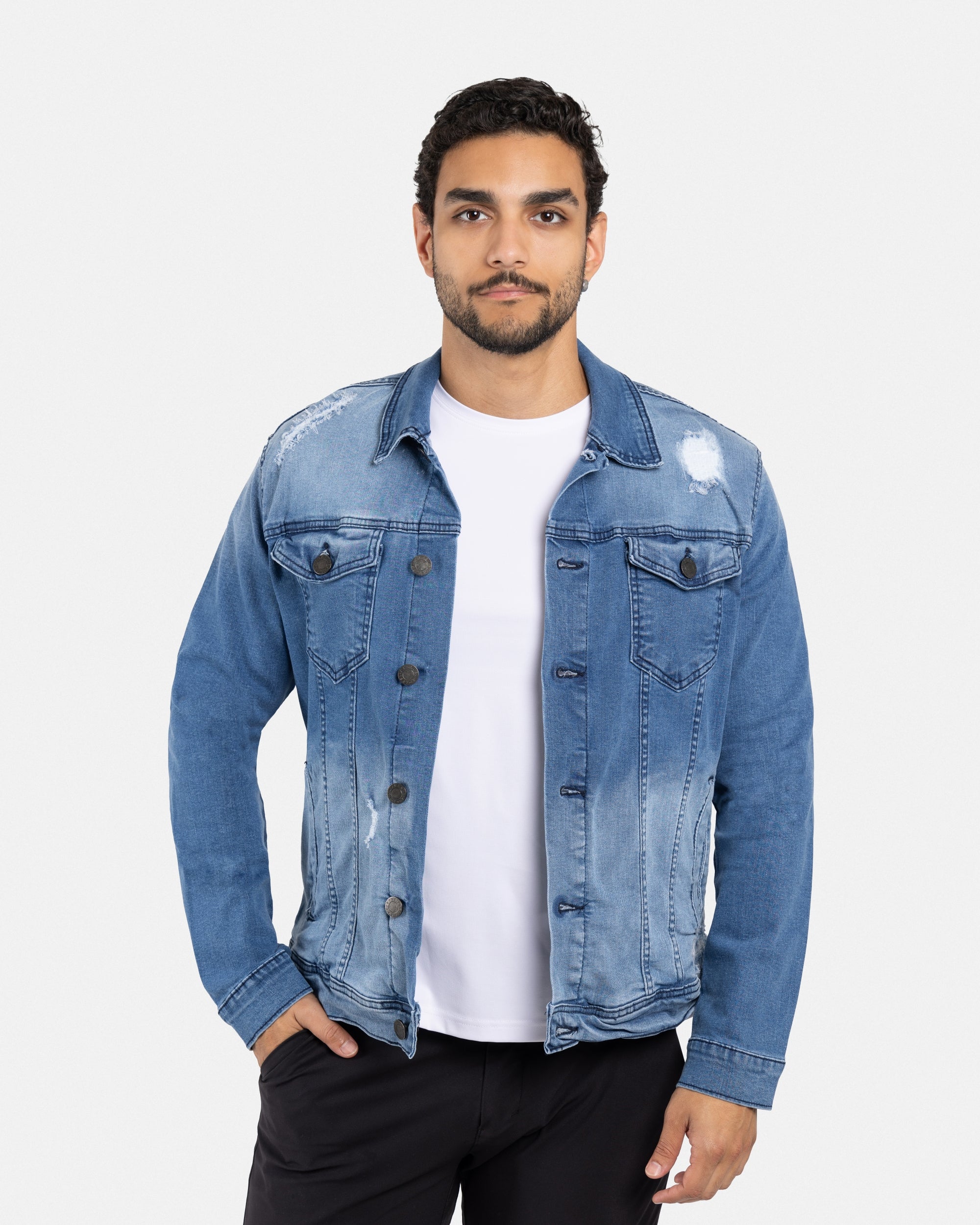 X RAY Men's Washed Trucker Rip Denim Jacket