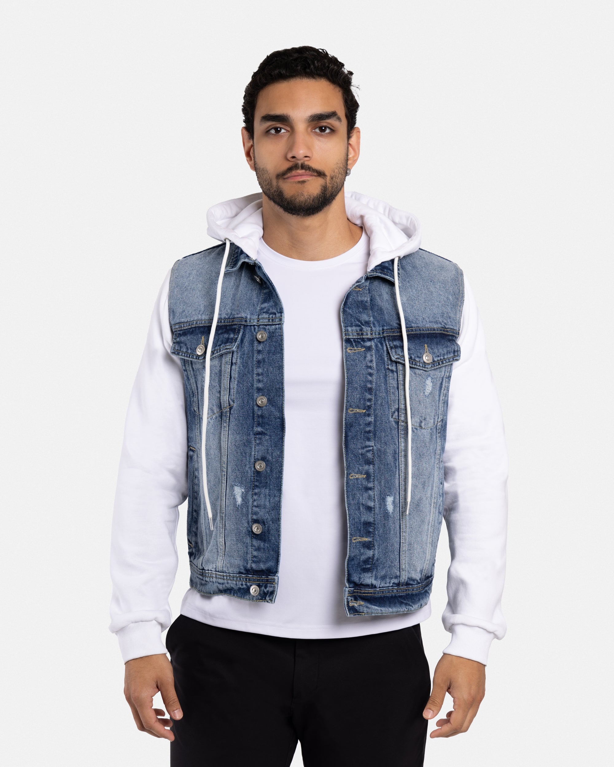 X RAY Men's Washed Trucker Denim Jacket With Fleece Hood & Sleeves