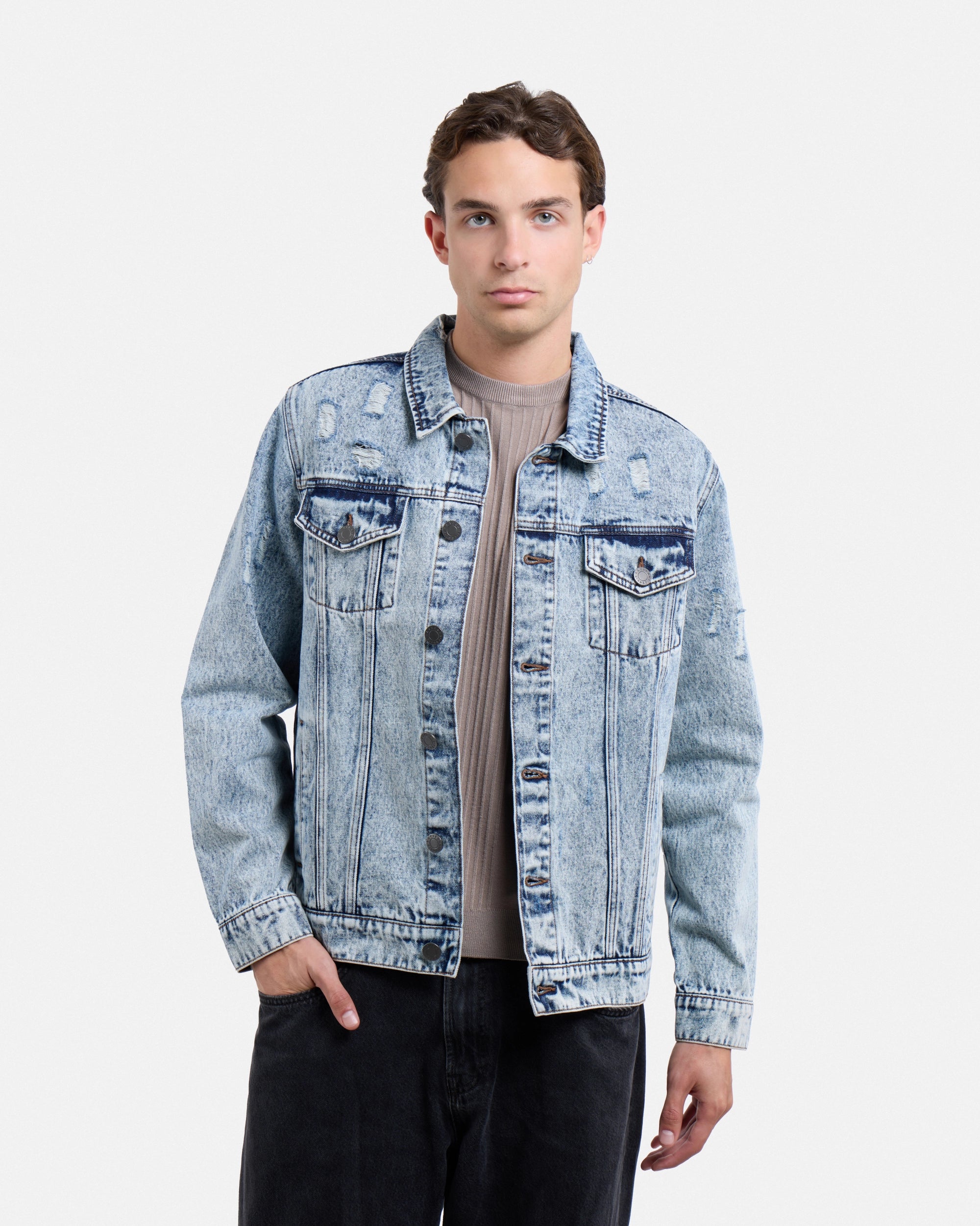X RAY Mens Cotton Ripped Biker Denim Jacket