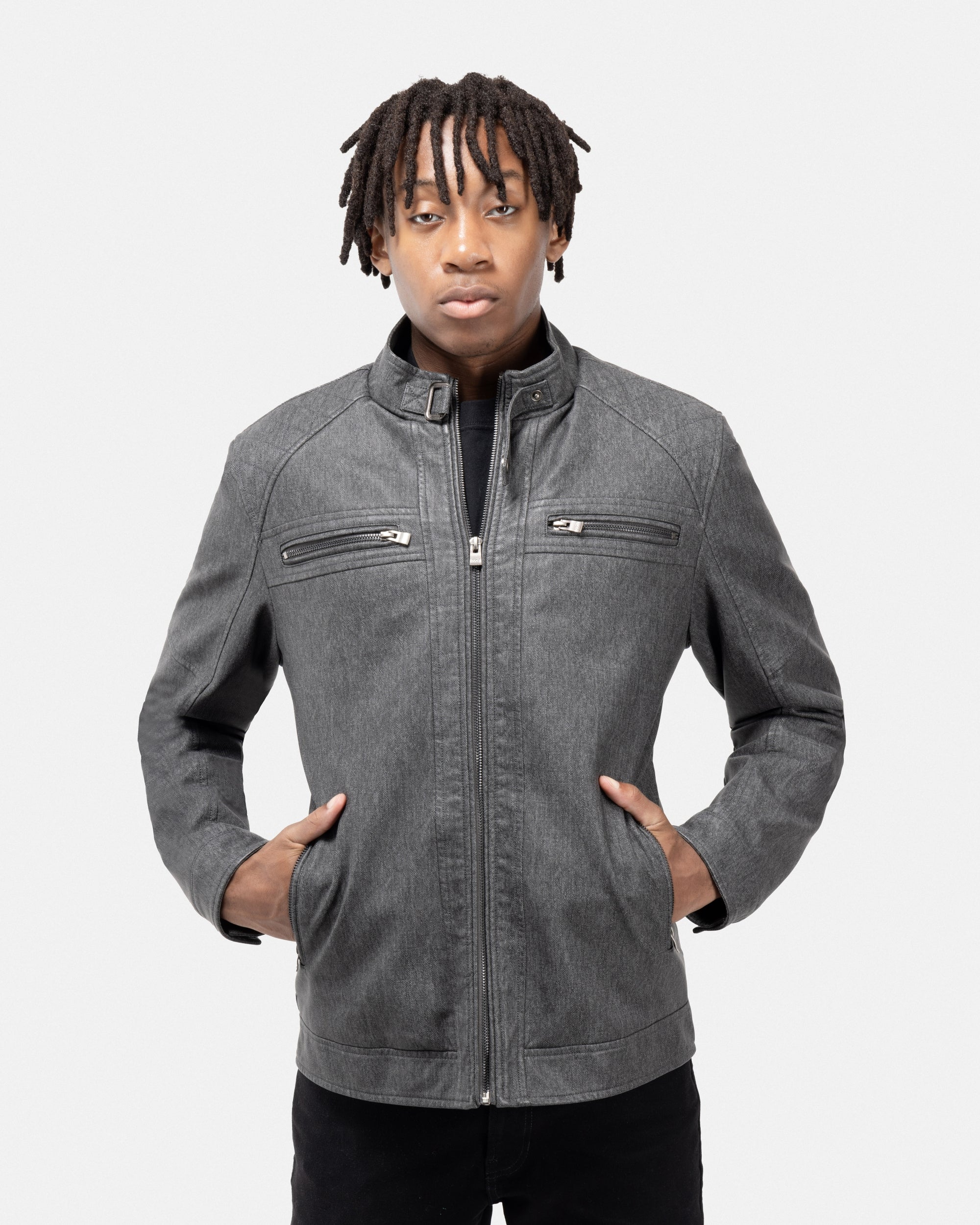 XRAY JEANS Men's Denim Diamond Quilting PU Moto Jacket With Faux Shearing Lining