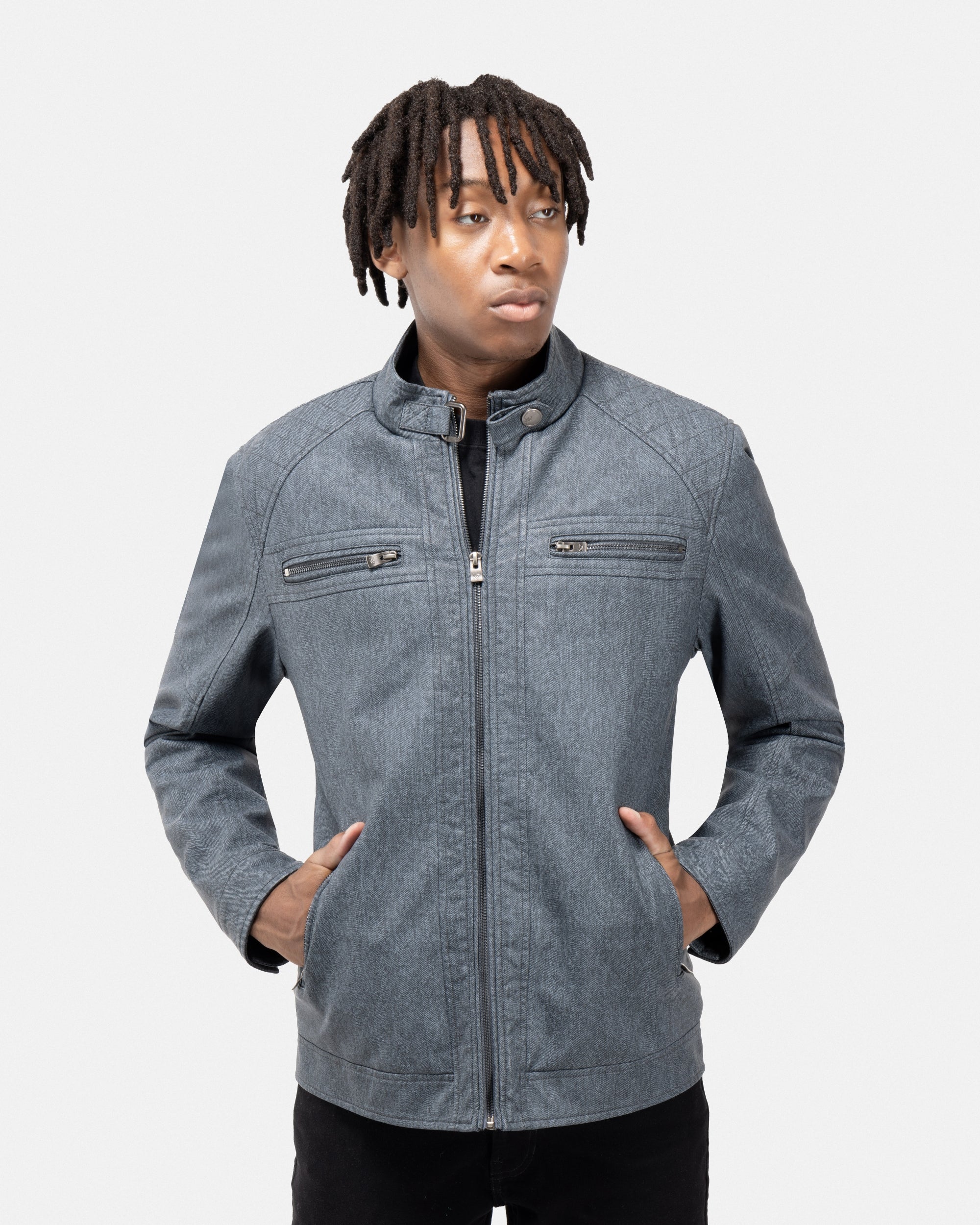 XRAY JEANS Men's Denim Diamond Quilting PU Moto Jacket With Faux Shearing Lining