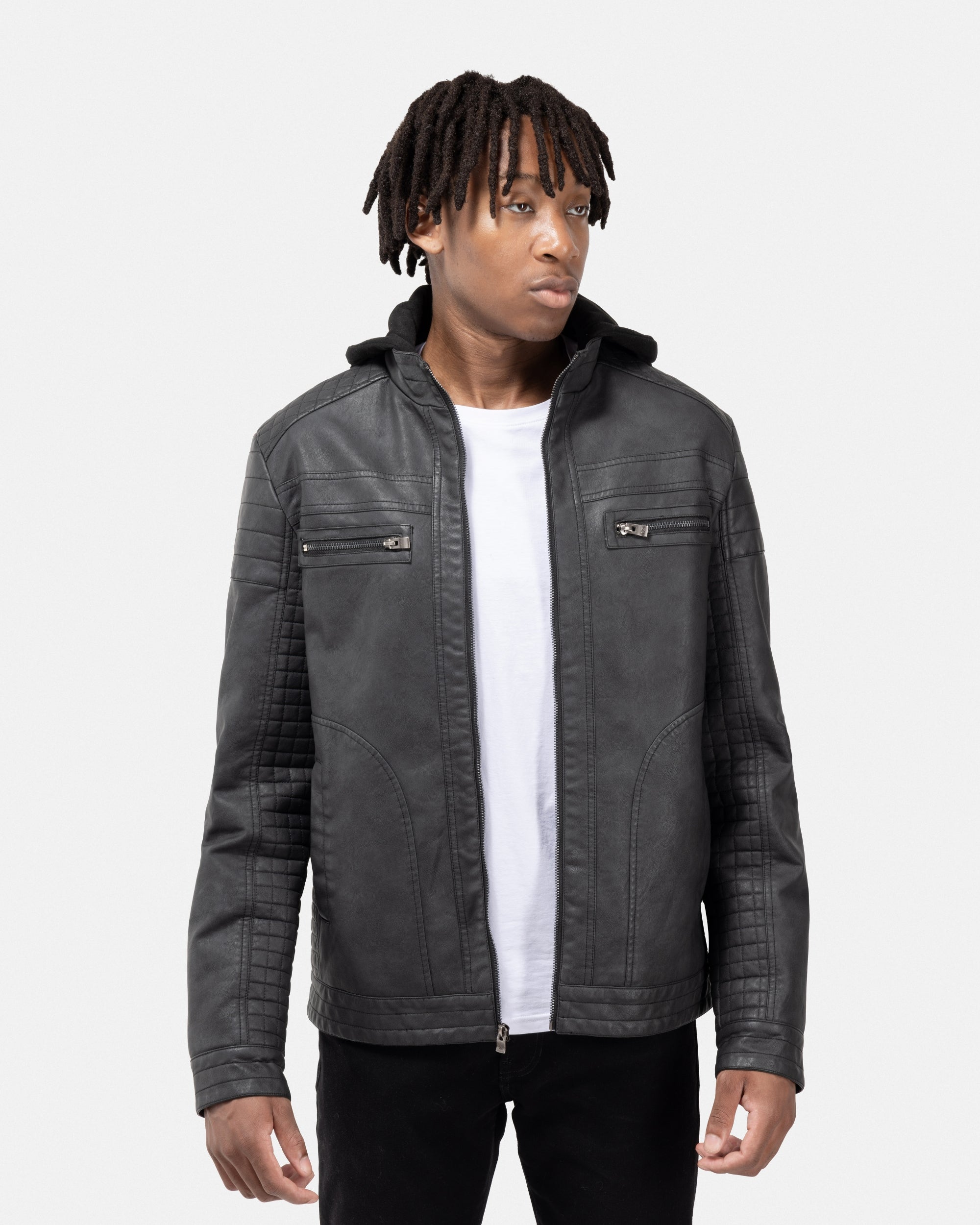 XRAY JEANS Men's PU Leather Jacket With Hood And Faux Shearing Lining