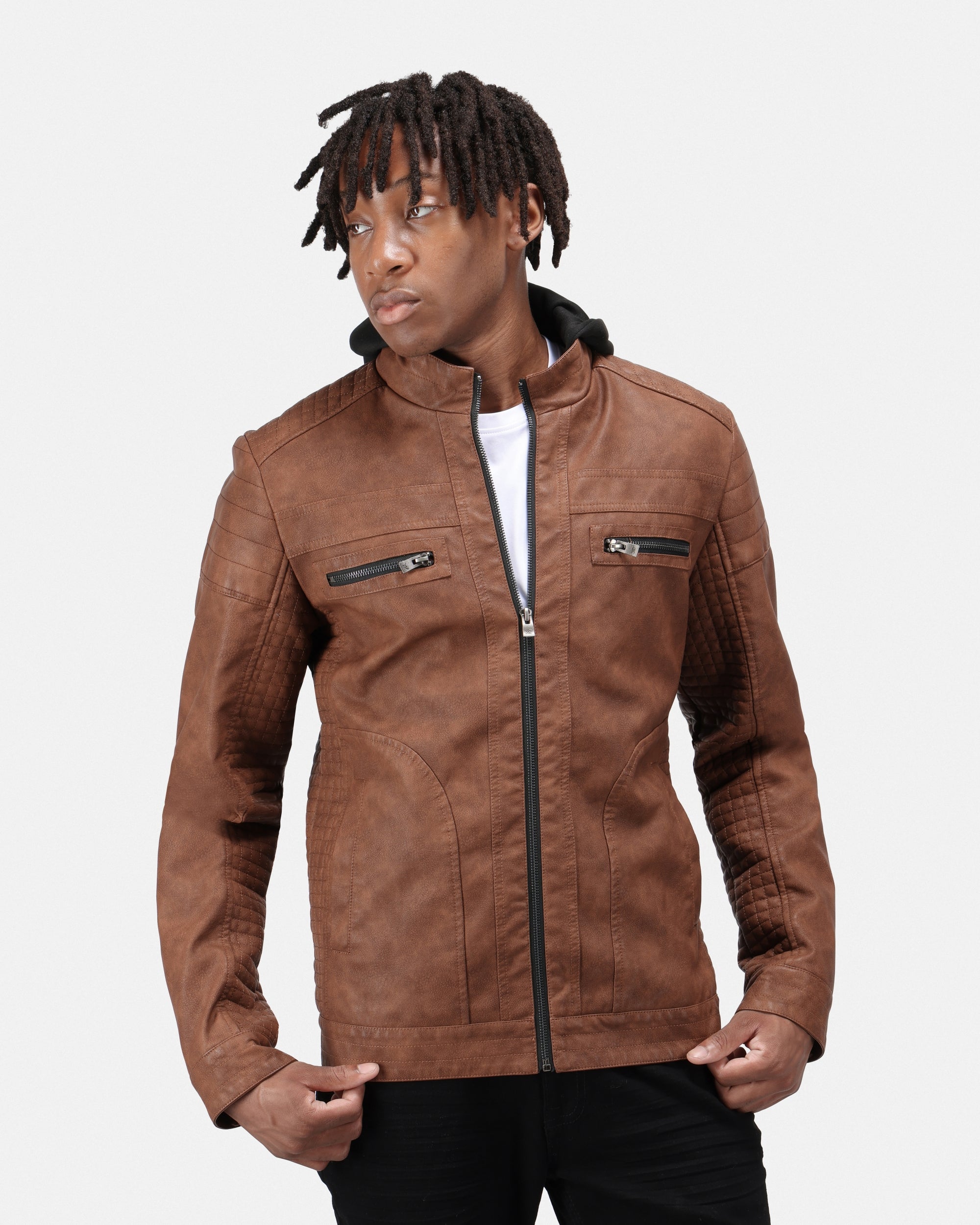 XRAY JEANS Men's PU Leather Jacket With Hood And Faux Shearing Lining