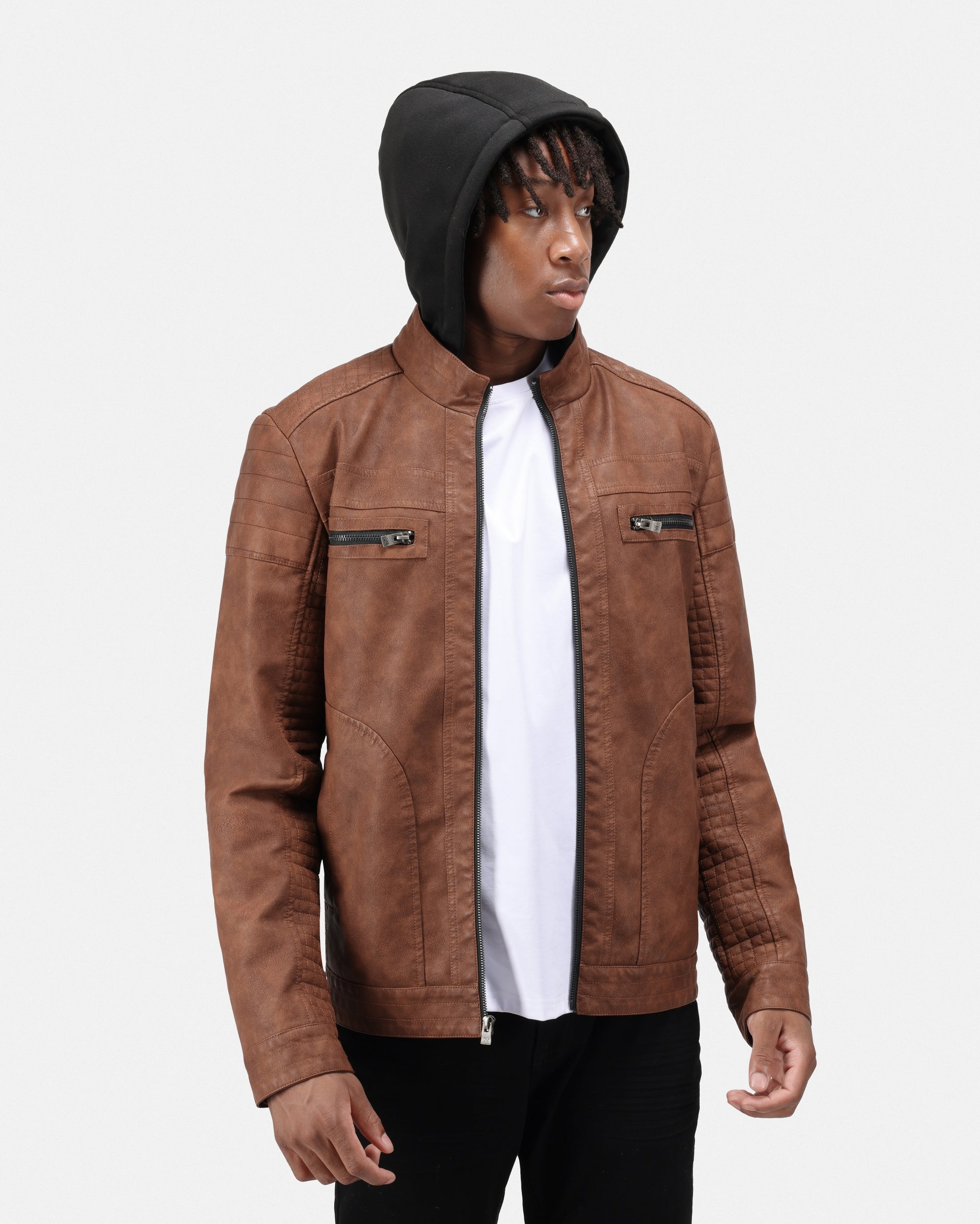 XRAY JEANS Men's PU Leather Jacket With Hood And Faux Shearing