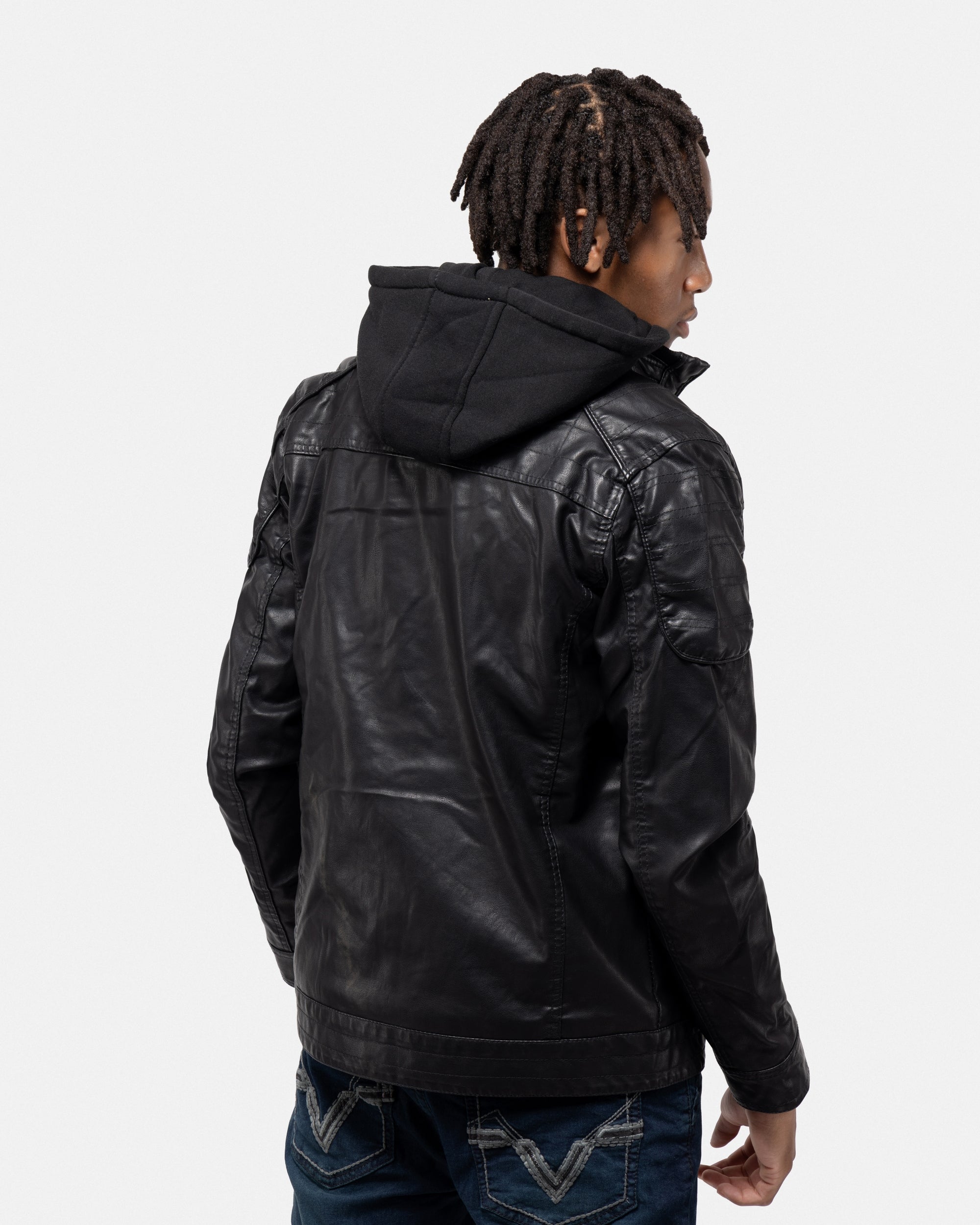 X RAY Men's Motorcycle Leather Jacket With Hood and Faux Shearling