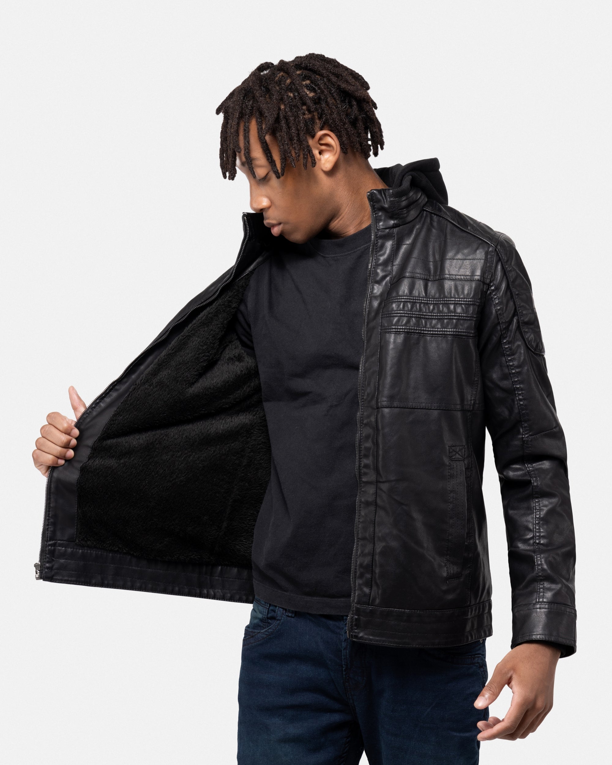 X RAY Men's Motorcycle Leather Jacket With Hood and Faux Shearling
