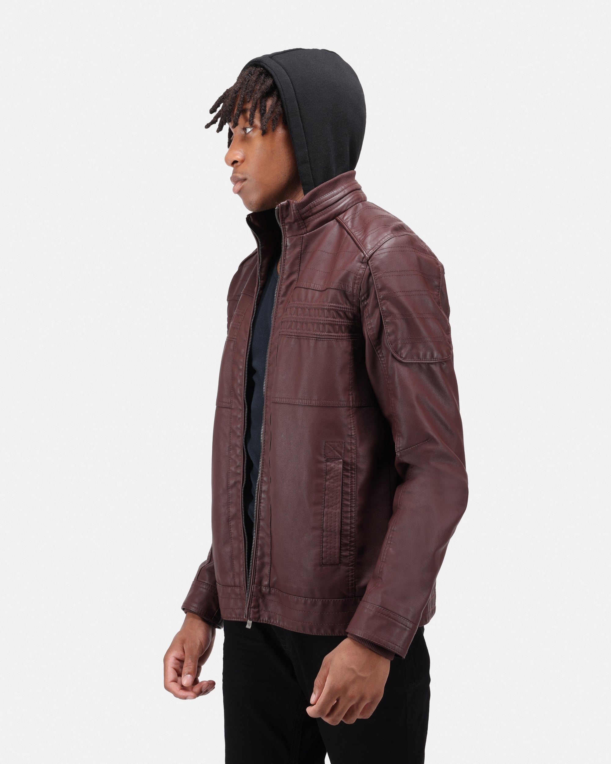 X RAY Men's Motorcycle Leather Jacket With Hood and Faux Shearling