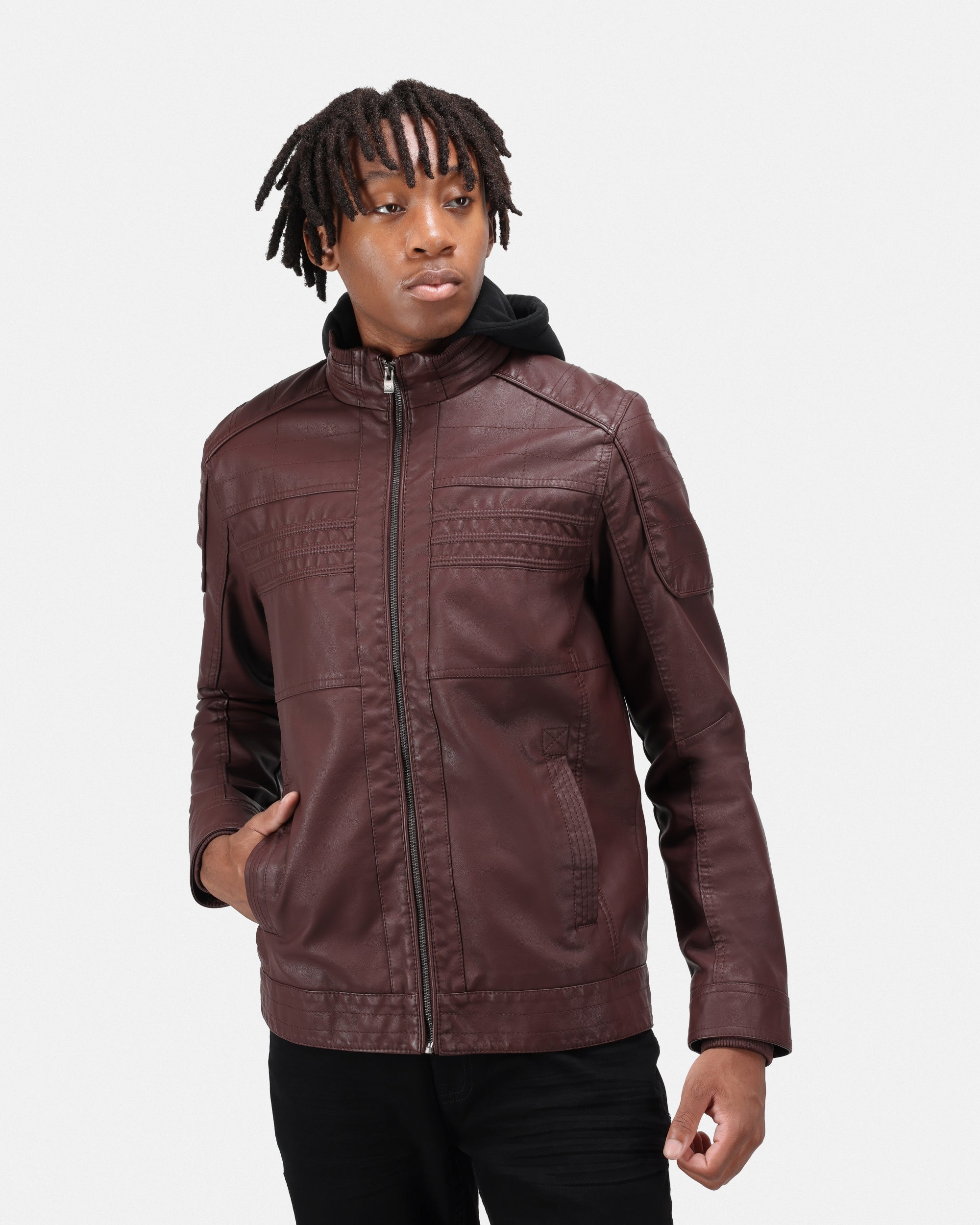 X RAY Men's Motorcycle Leather Jacket With Hood and Faux Shearling Lining