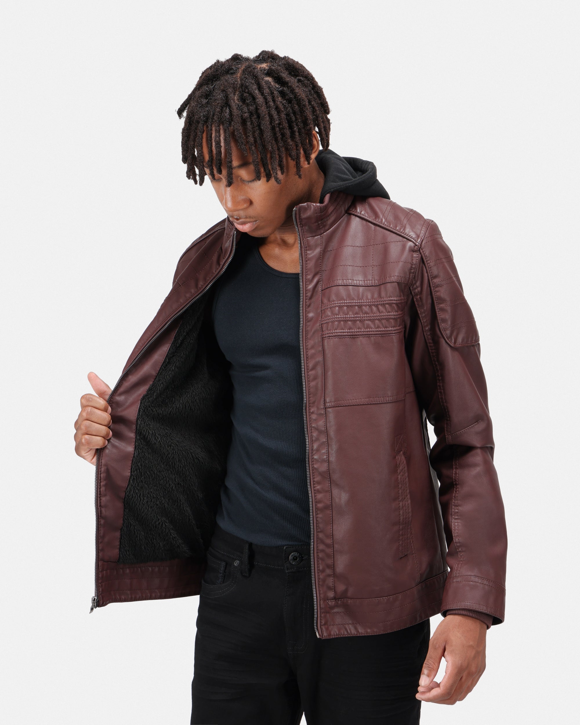 X RAY Men's Motorcycle Leather Jacket With Hood and Faux Shearling