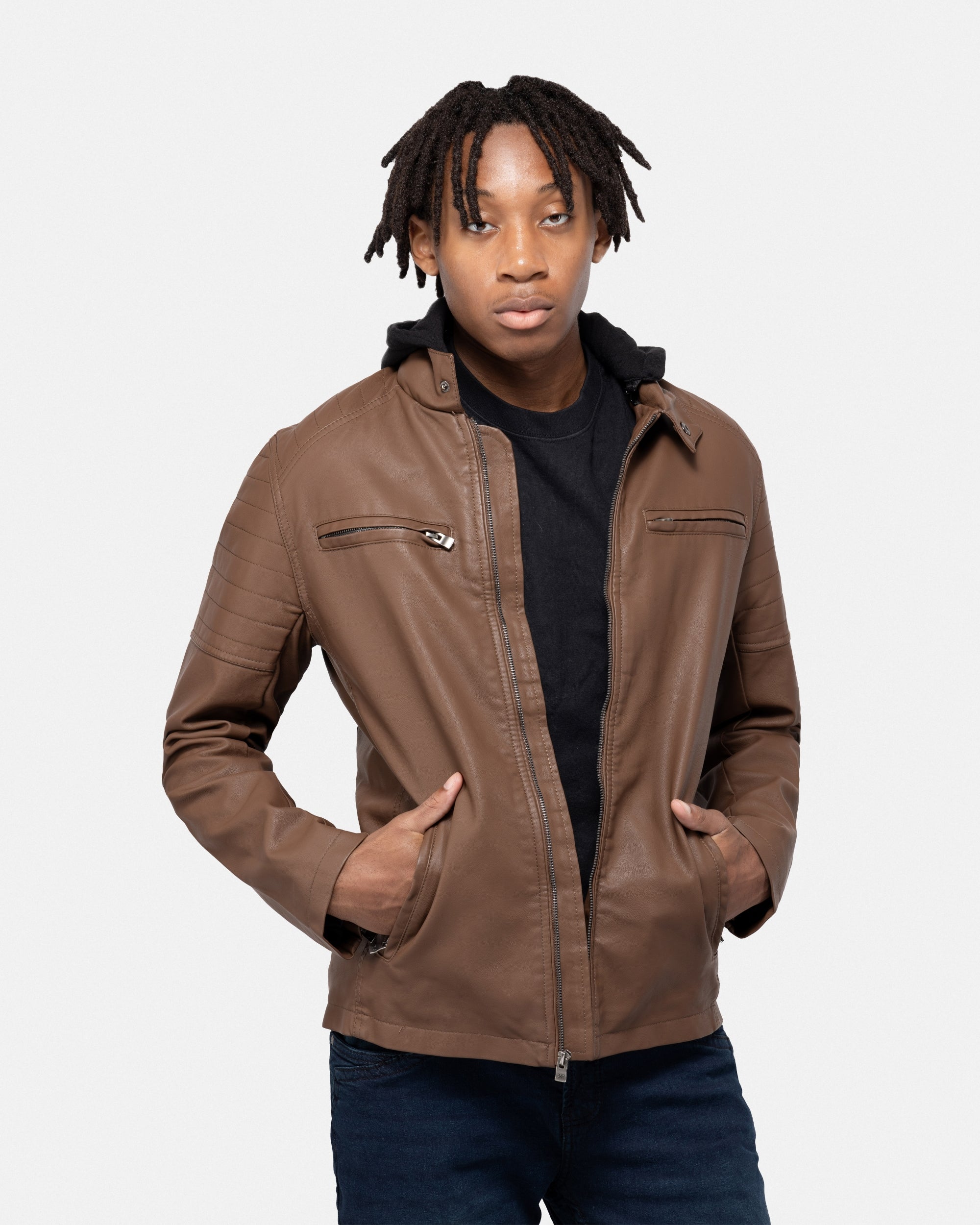 X RAY Men's Hooded Stand Collar PU Motorcycle Leather Jacket