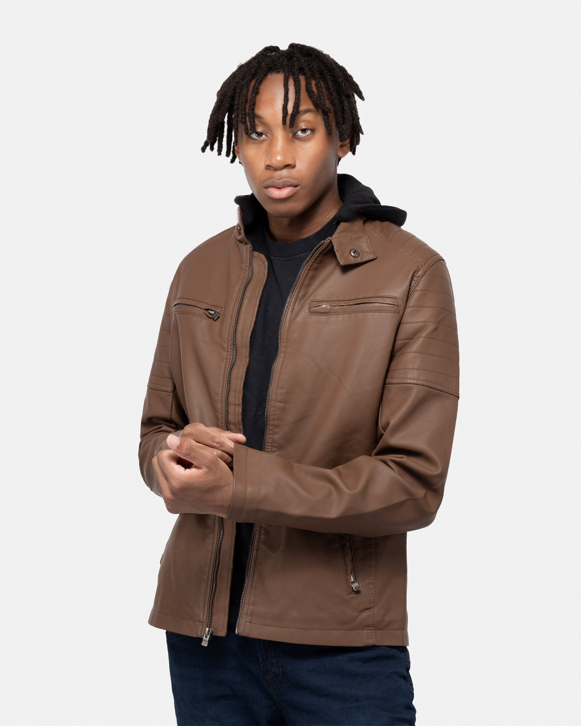 X RAY Men's Hooded Stand Collar PU Motorcycle Leather Jacket – X