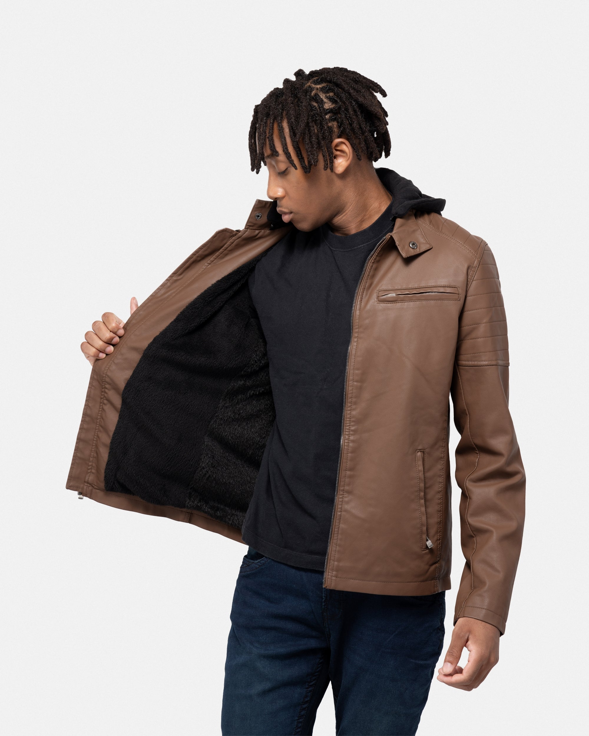 X RAY Men's Hooded Stand Collar PU Motorcycle Leather Jacket – X