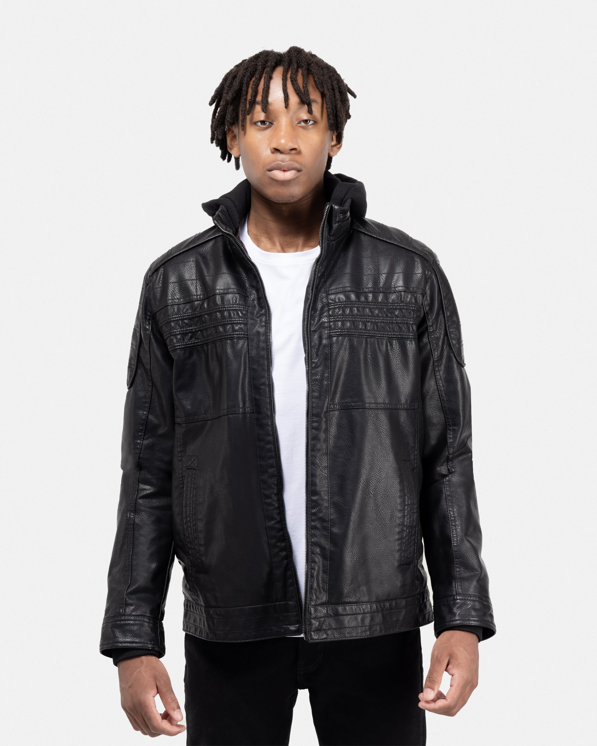 X RAY Men's Grainy PU Leather Hooded Jacket With Faux Shearling Lining