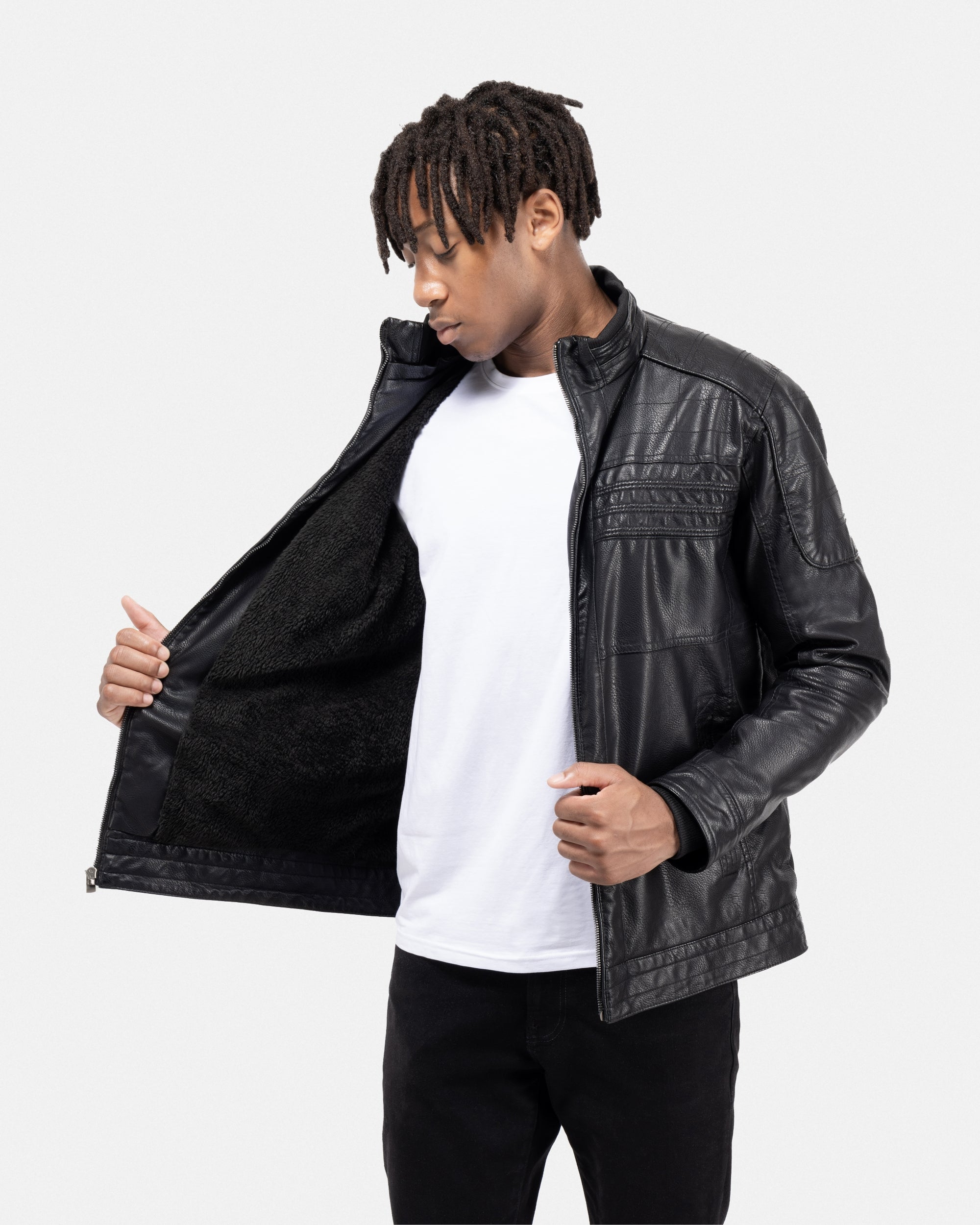 X RAY Men's Grainy PU Leather Hooded Jacket With Faux Shearling