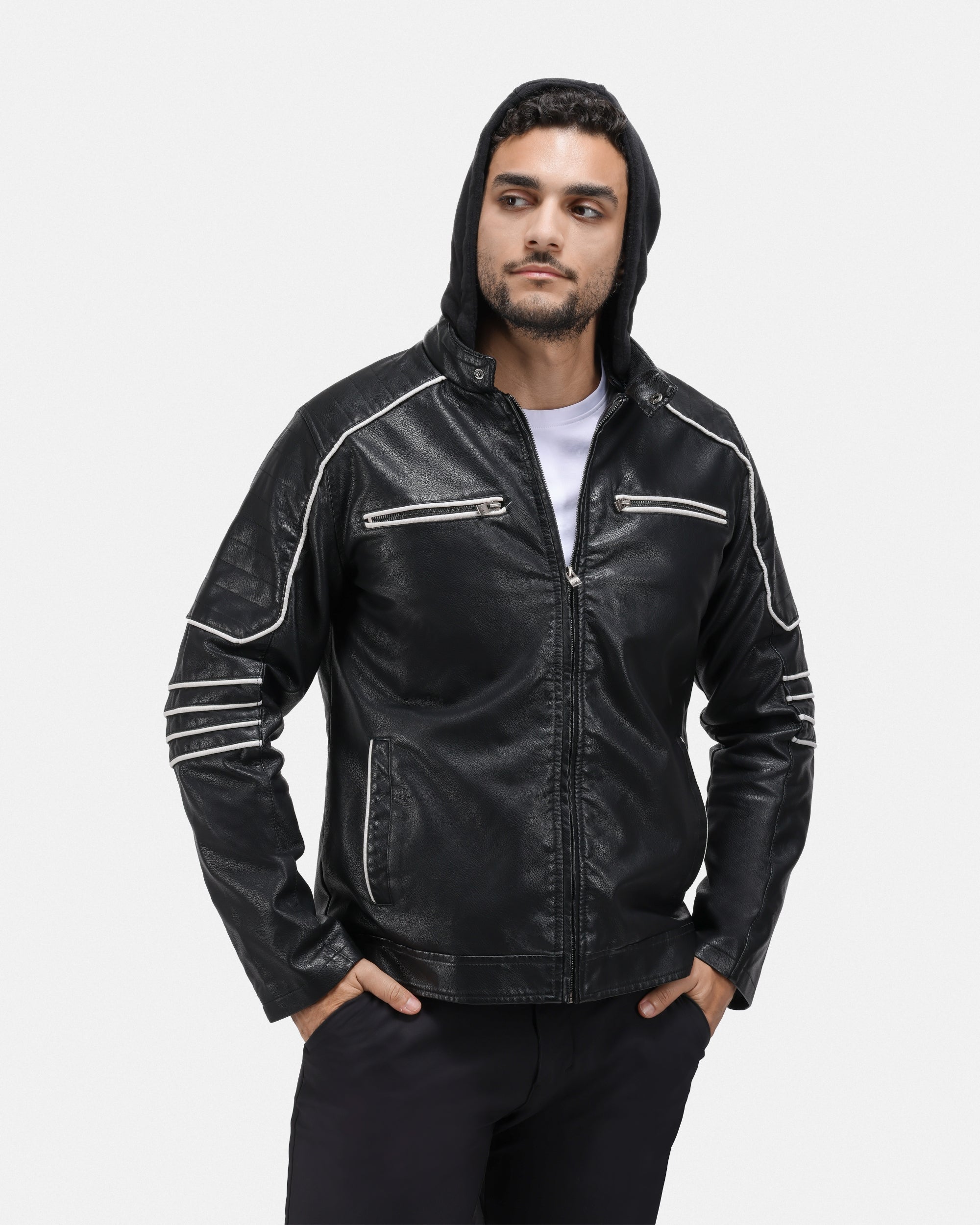 XMLJ-53007 Hooded Band Collar Moto Faux Leather Jacket – X-RAY JEANS