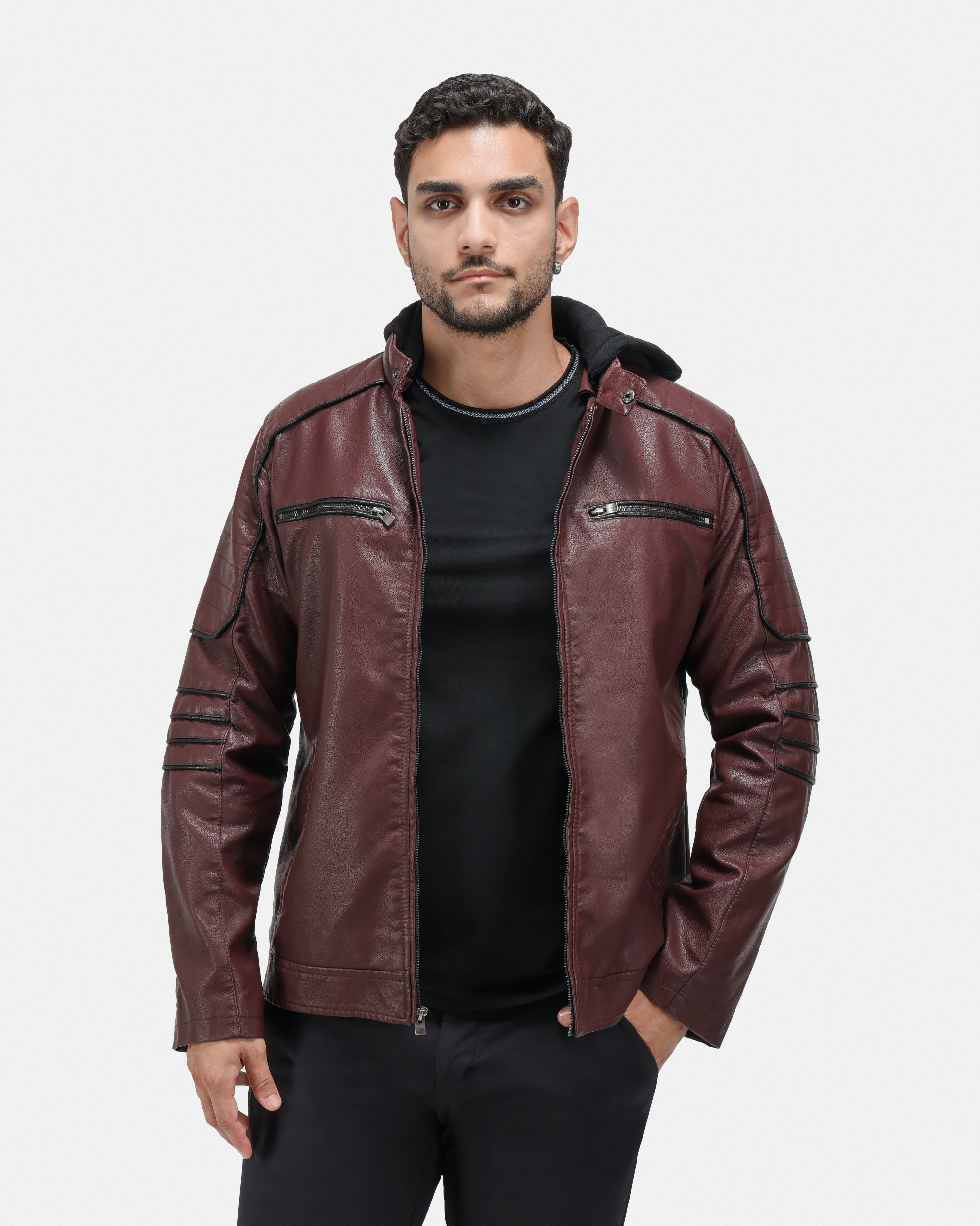 X RAY Men's Grainy PU Moto Leather Jacket With Hood and Faux Shearling Lining