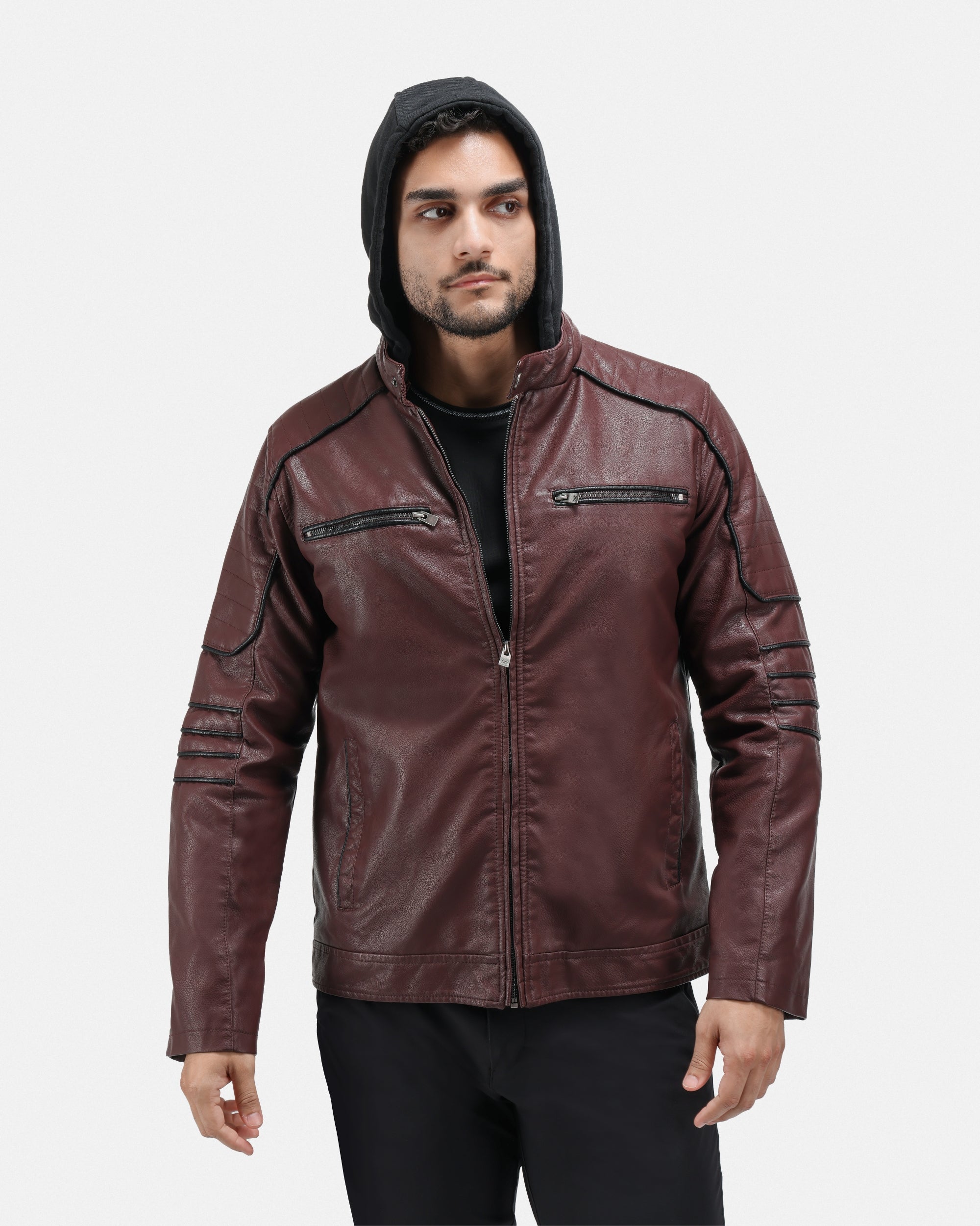XMLJ-53007 Hooded Band Collar Moto Faux Leather Jacket – X-RAY JEANS