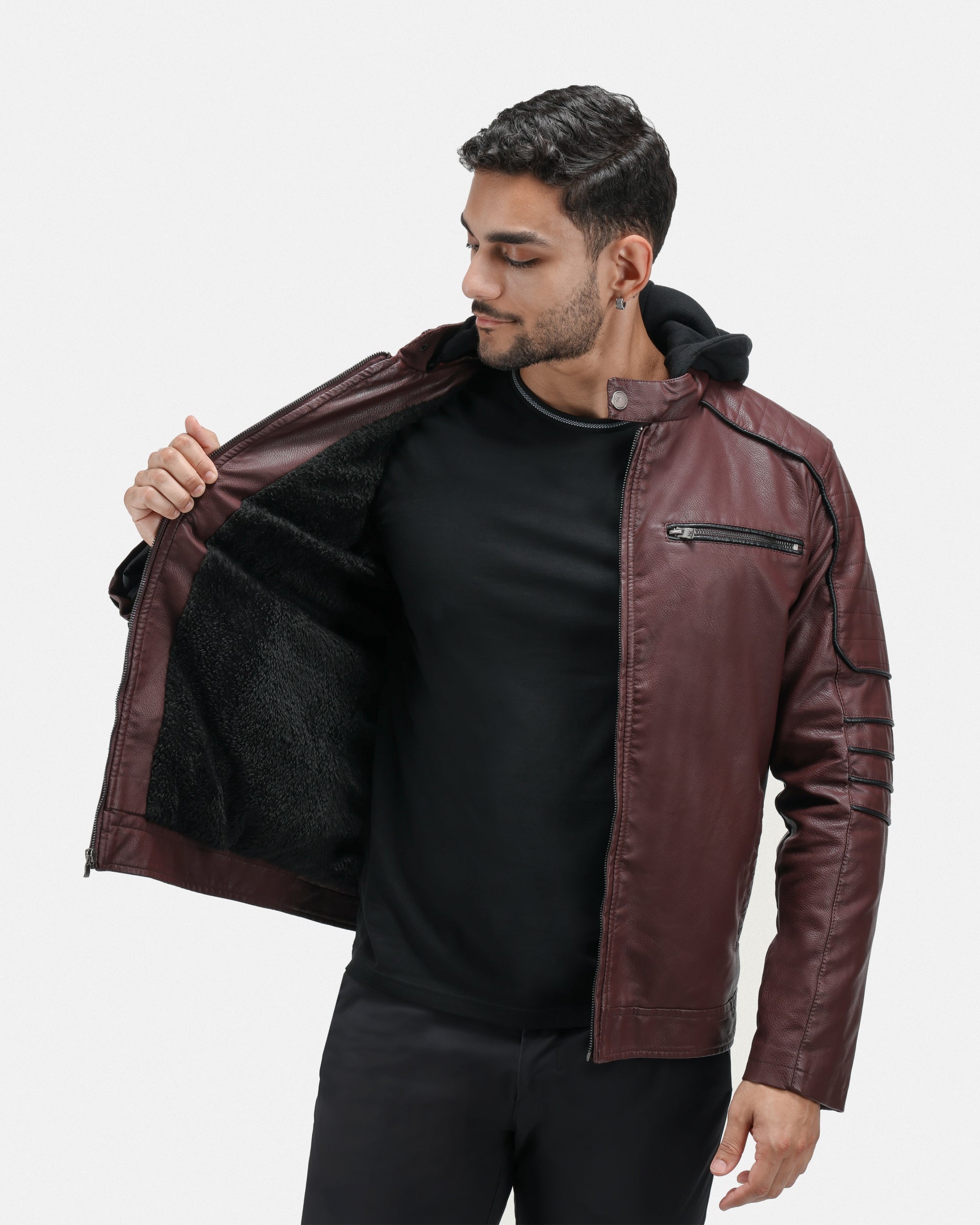 XMLJ-53007 Hooded Band Collar Moto Faux Leather Jacket – X-RAY JEANS