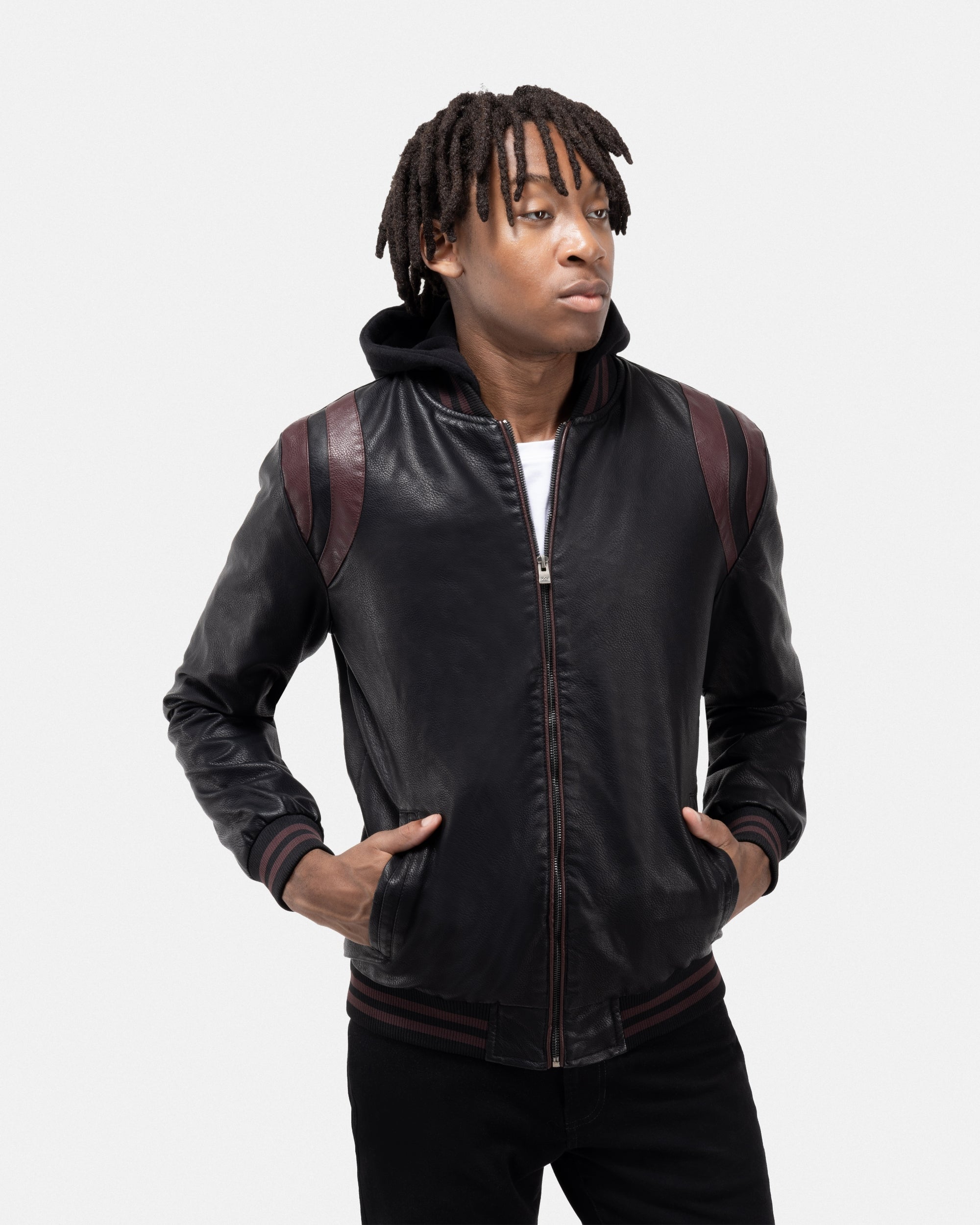 X RAY Men's Grainy PU Leather Hooded Jacket With Faux Shearling Lining