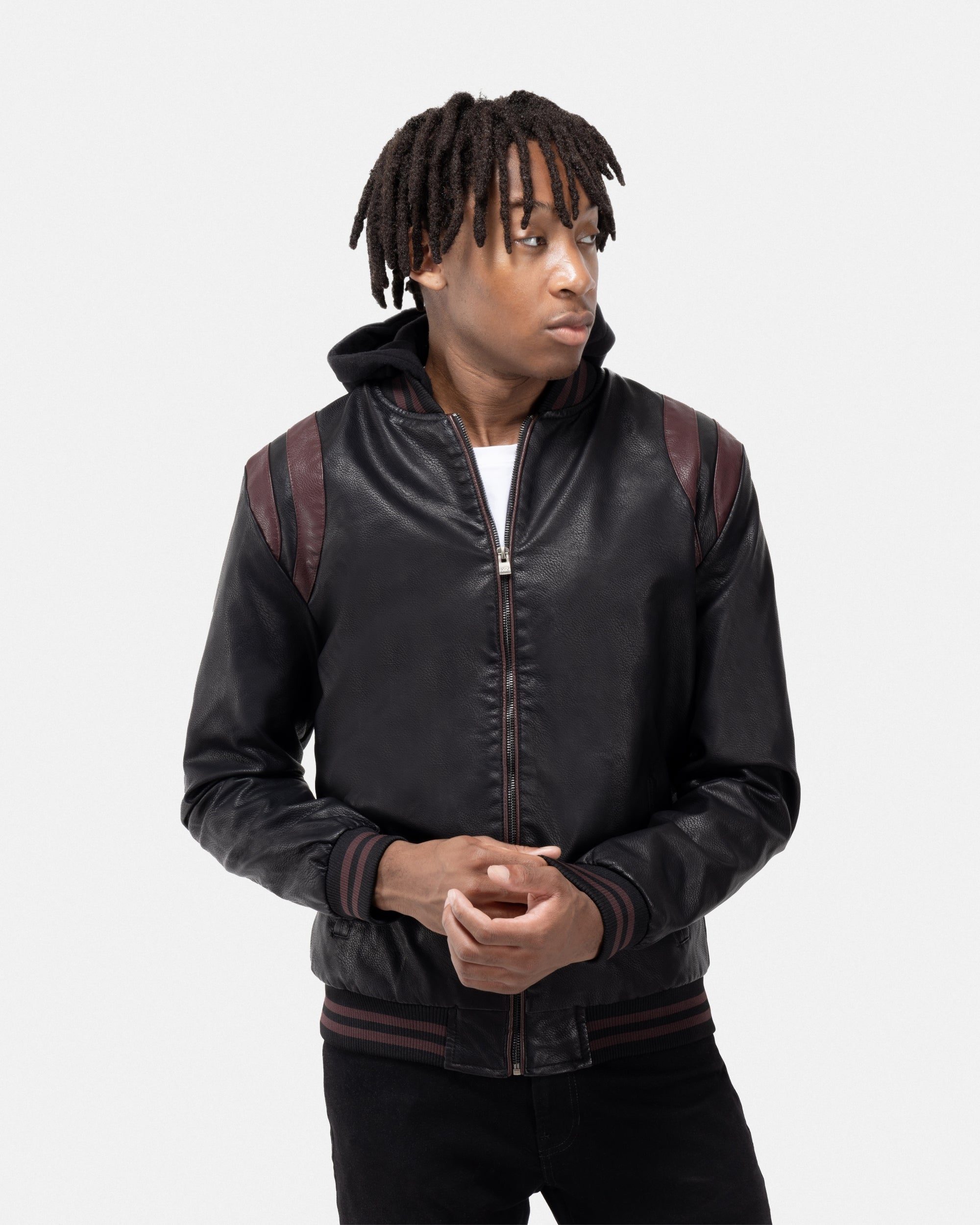 ジャケット・アウター ray X RAY Men's Grainy PU Leather Hooded Jacket With Faux Shearling