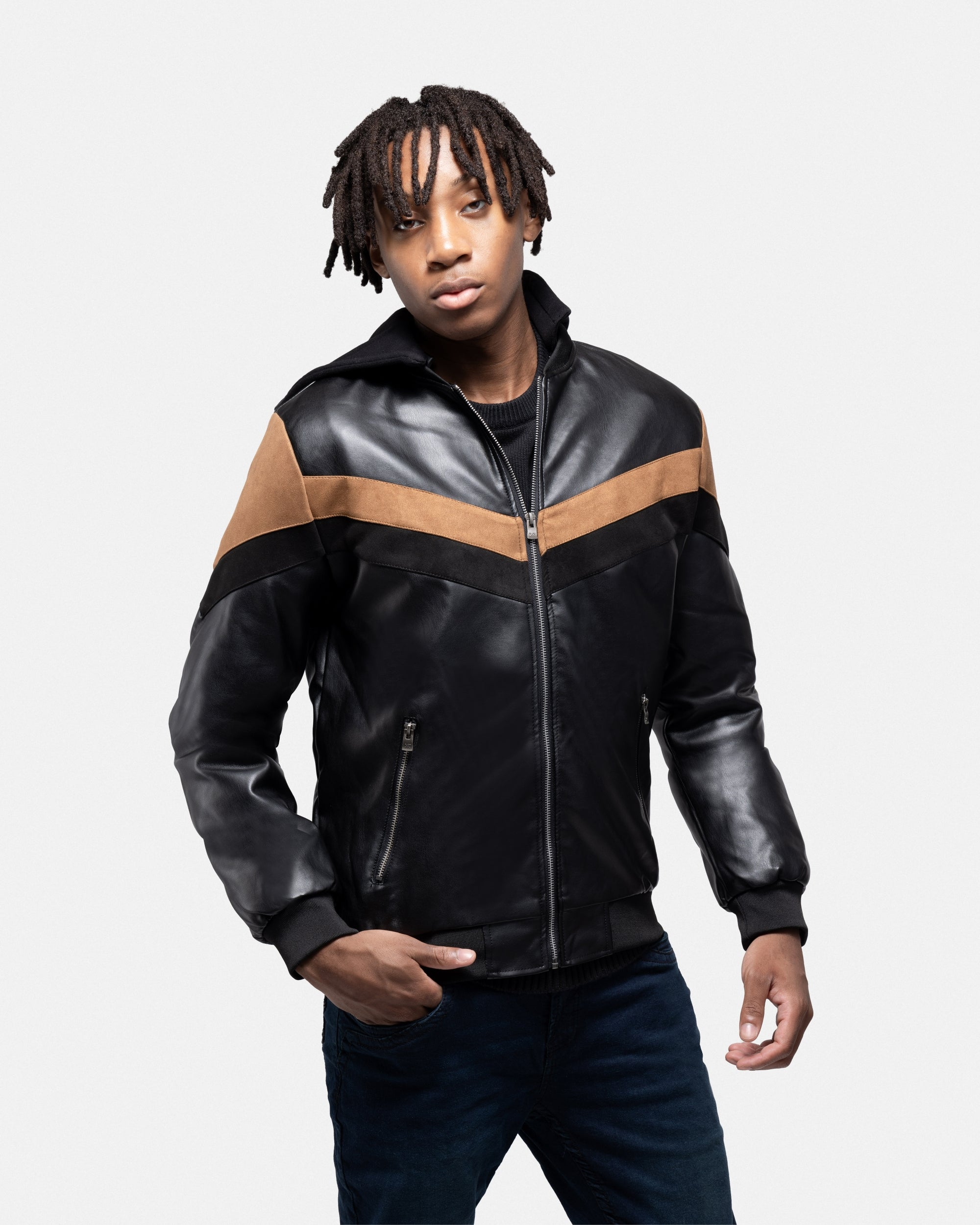 X RAY Men's Shiny PU Leather Hooded Jacket With Faux Suede Detailing With Faux Shearling Lining