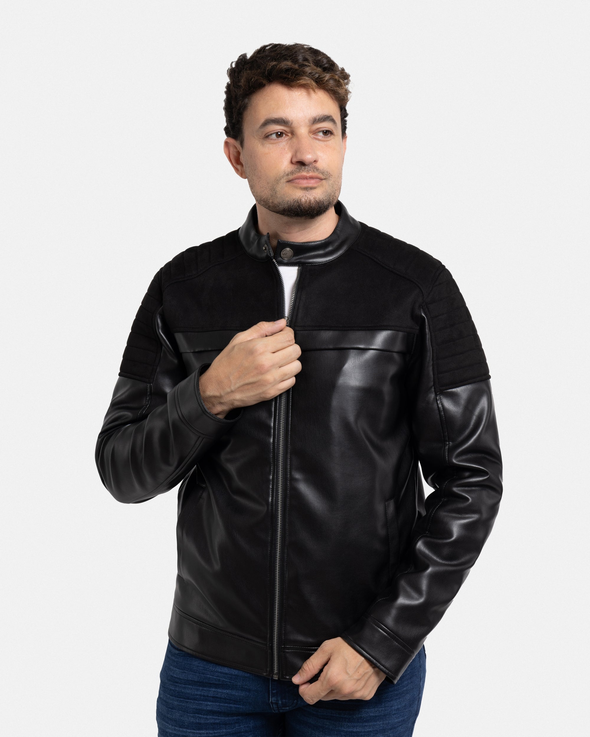 X RAY Men's Shiny PU Leather Jacket With Faux Suede Detailing With