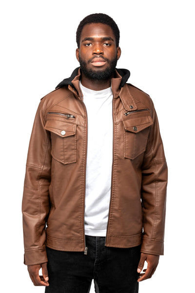 ジャケット・アウター Ray Ray X RAY Men's Grainy PU Leather Hooded Jacket With Faux Shearling