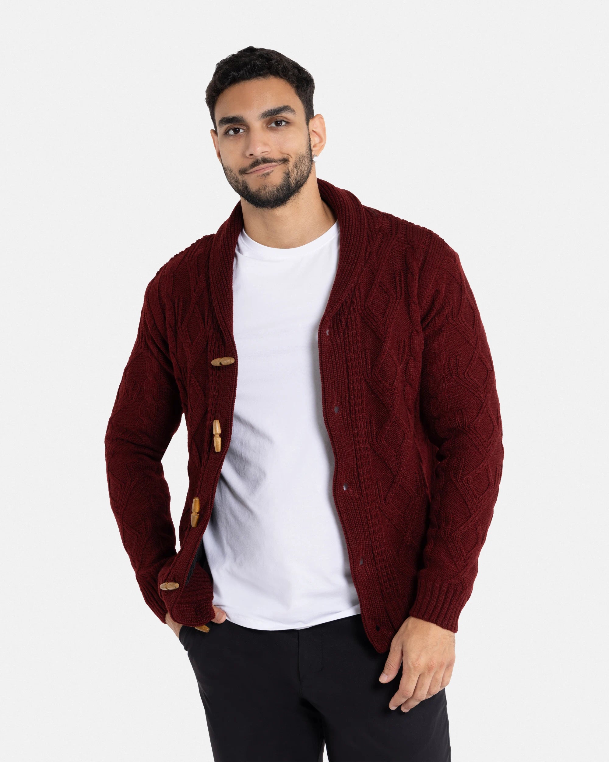 X RAY Men's Faux Shearling Waffle Knitted Shawl Collar Cable Knit Cardigan Sweater Big & Tall Available