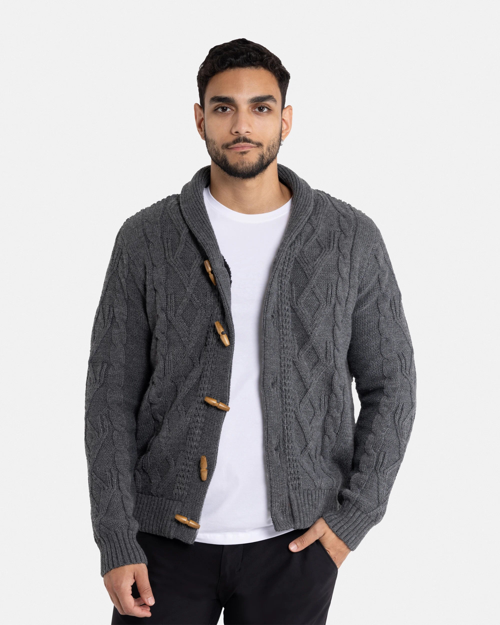 X RAY Men's Faux Shearling Waffle Knitted Shawl Collar Cable Knit Cardigan Sweater Big & Tall Available