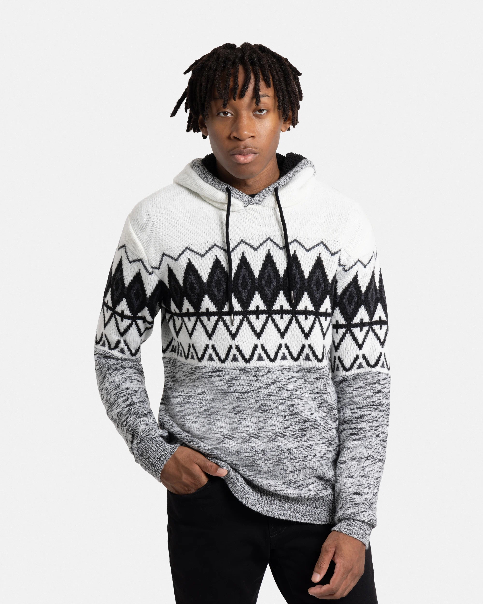 X RAY Men's Colorblocked Pattern Fair Isle Sherpa Hooded Sweater