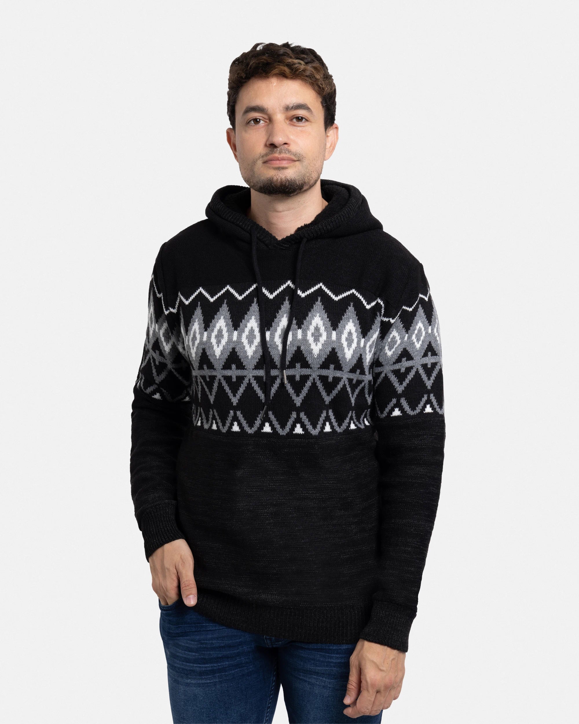 X RAY Men's Colorblocked Pattern Fair Isle Sherpa Hooded Sweater
