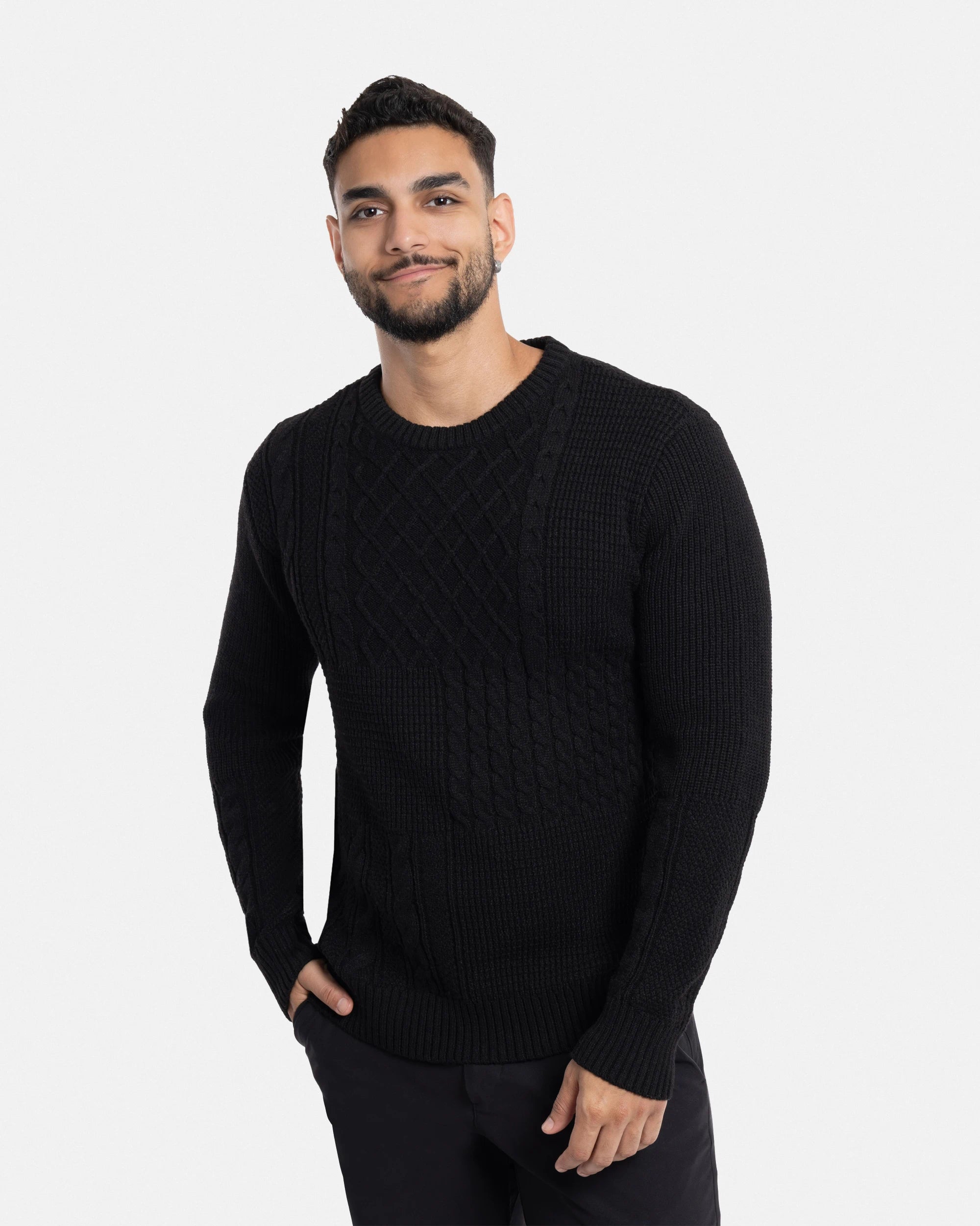 X RAY Men's Crewneck Mixed Texture Cable Knit Sweater