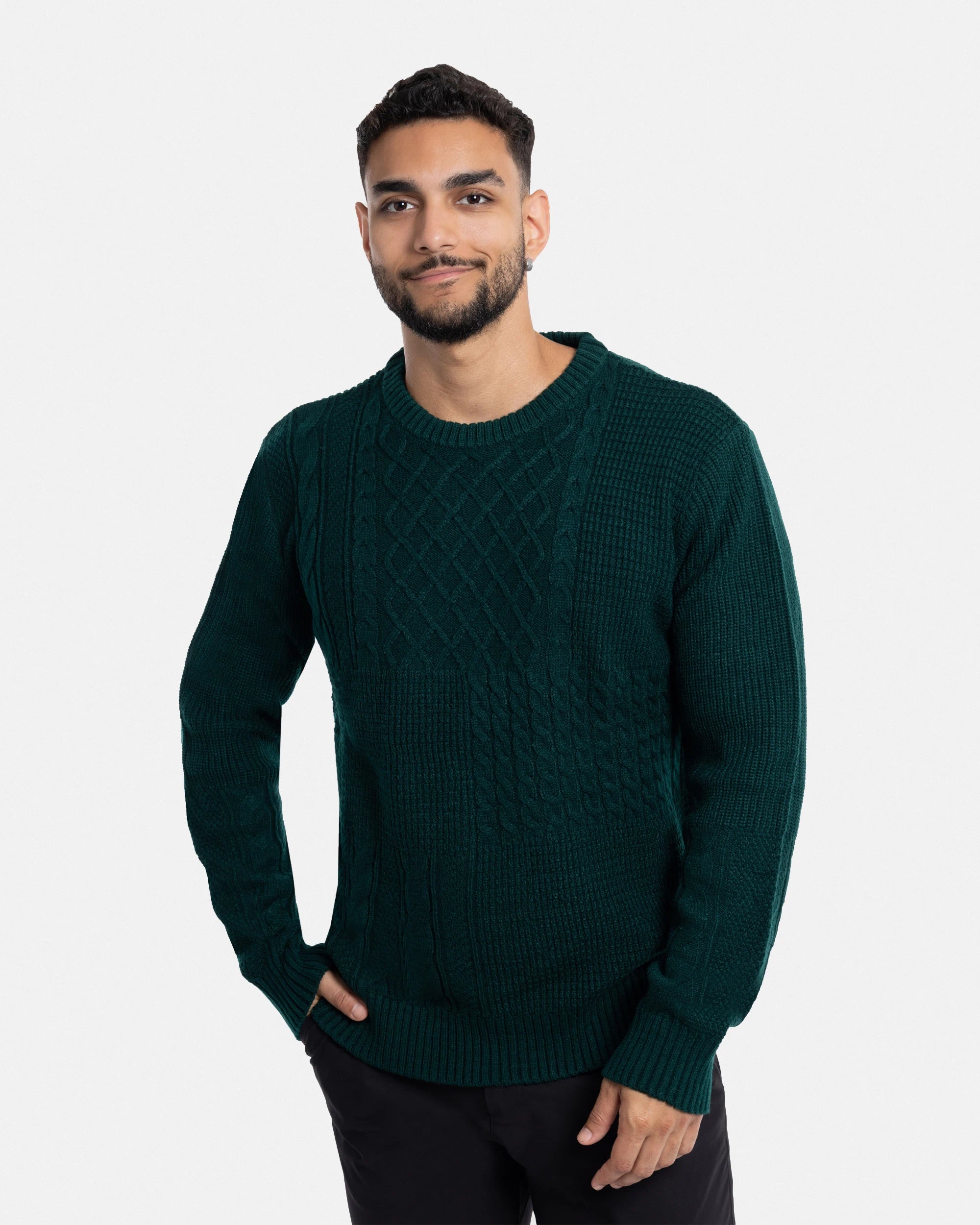 X RAY Men's Crewneck Mixed Texture Cable Knit Sweater