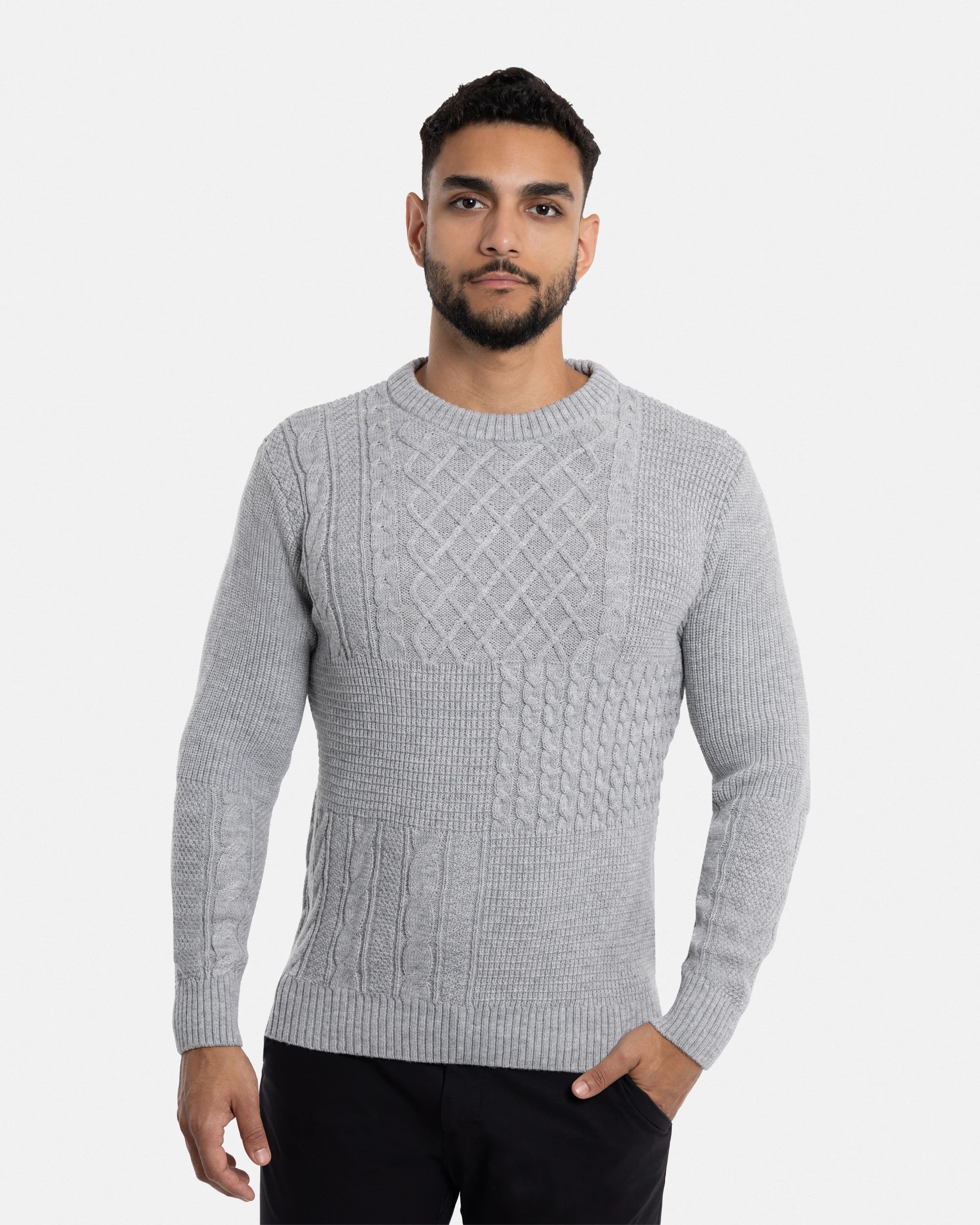 X RAY Men's Crewneck Mixed Texture Cable Knit Sweater