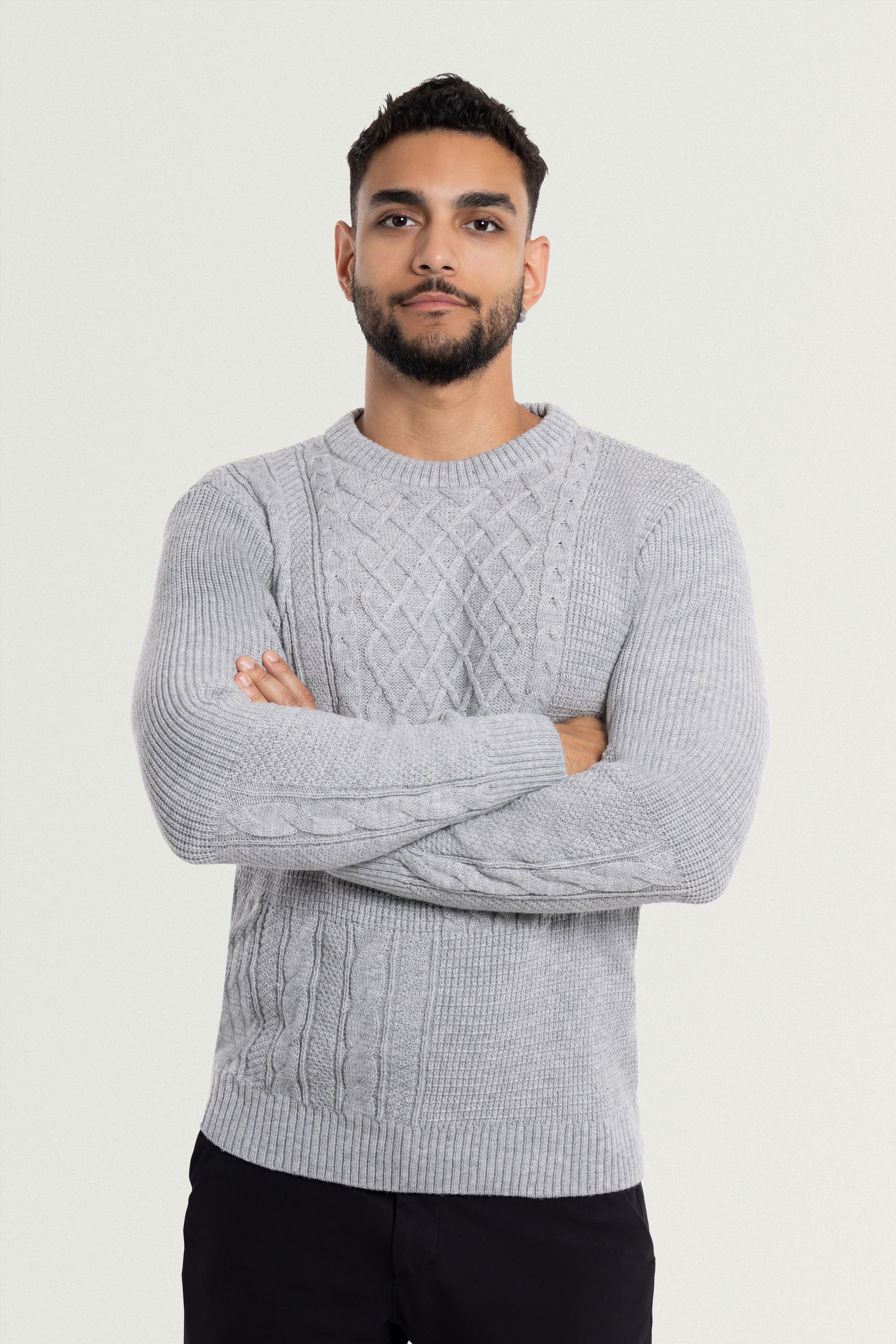 X RAY Men's Crewneck Mixed Texture Cable Knit Sweater – X